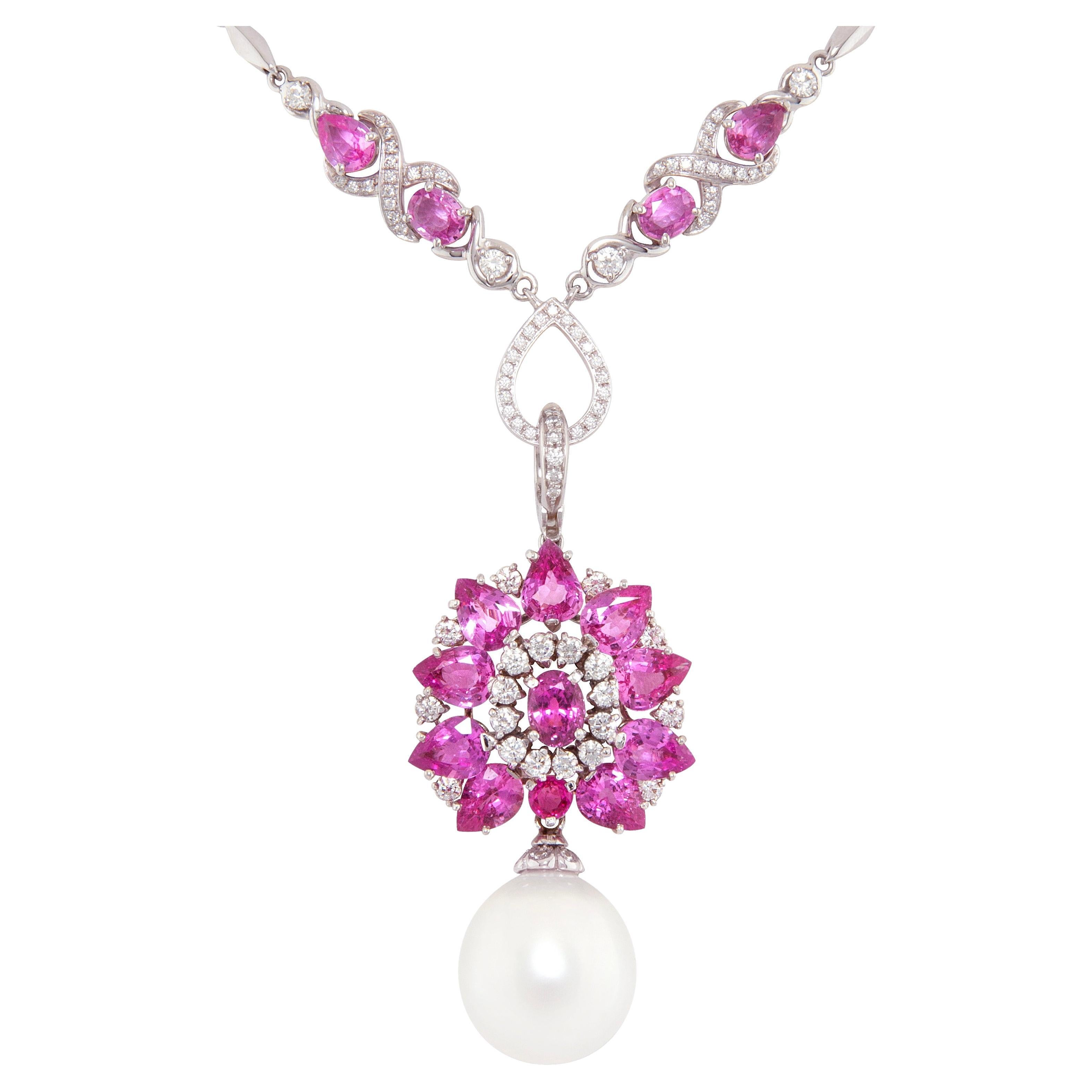 Ella Gafter Pink Sapphire Diamond Pearl  Pendant Necklace