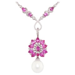 Ella Gafter Pink Sapphire Diamond Pearl  Pendant Necklace
