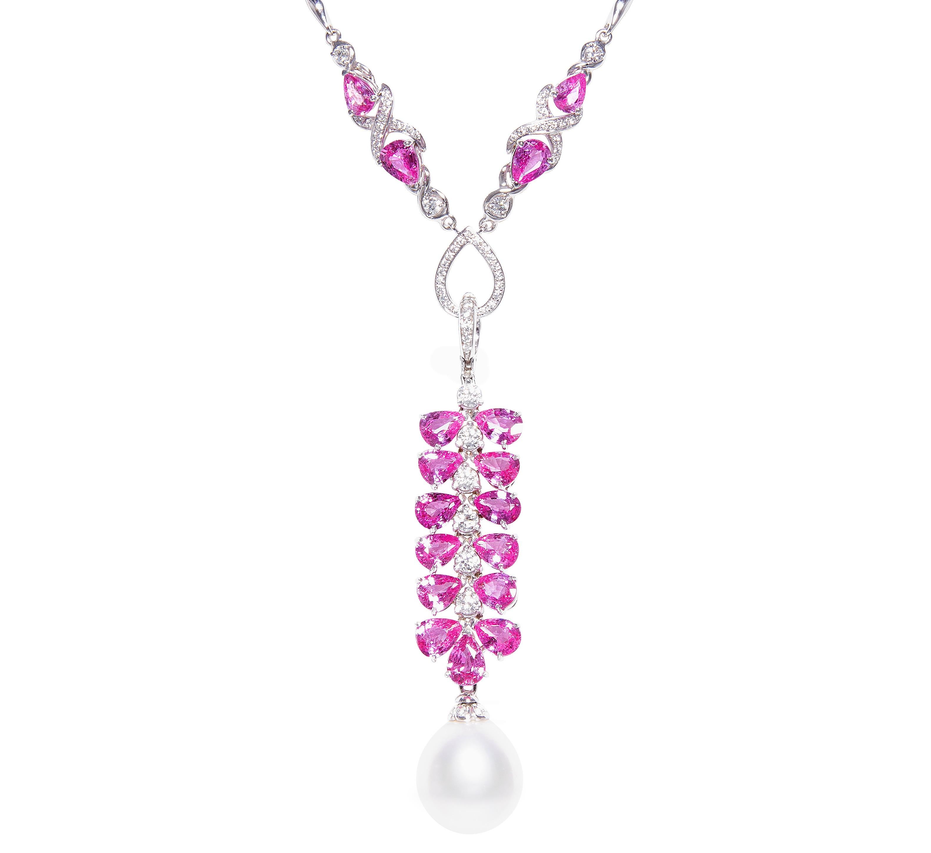 Ella Gafter Pink Sapphire Diamond Pearl Pendant Necklace For Sale