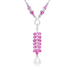 Ella Gafter Pink Sapphire Diamond Pearl Pendant Necklace
