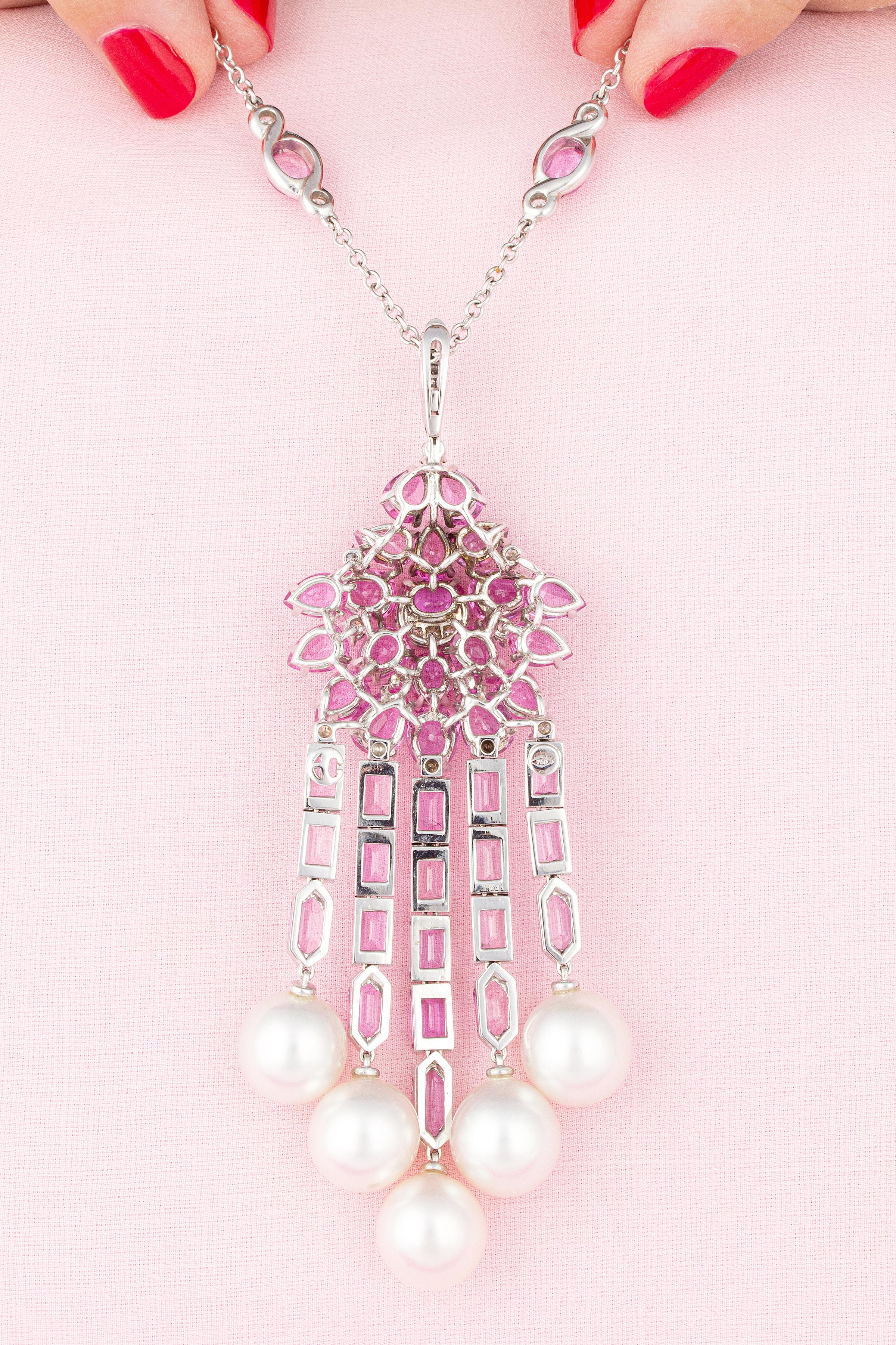 Pear Cut Ella Gafter Pink Sapphire Diamond Pendant Necklace