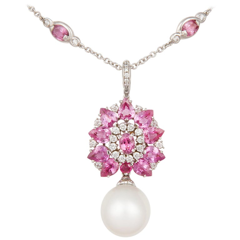 Ella Gafter Pink Sapphire Diamond Pendant Necklace with South Sea Pearl For Sale at 1stdibs