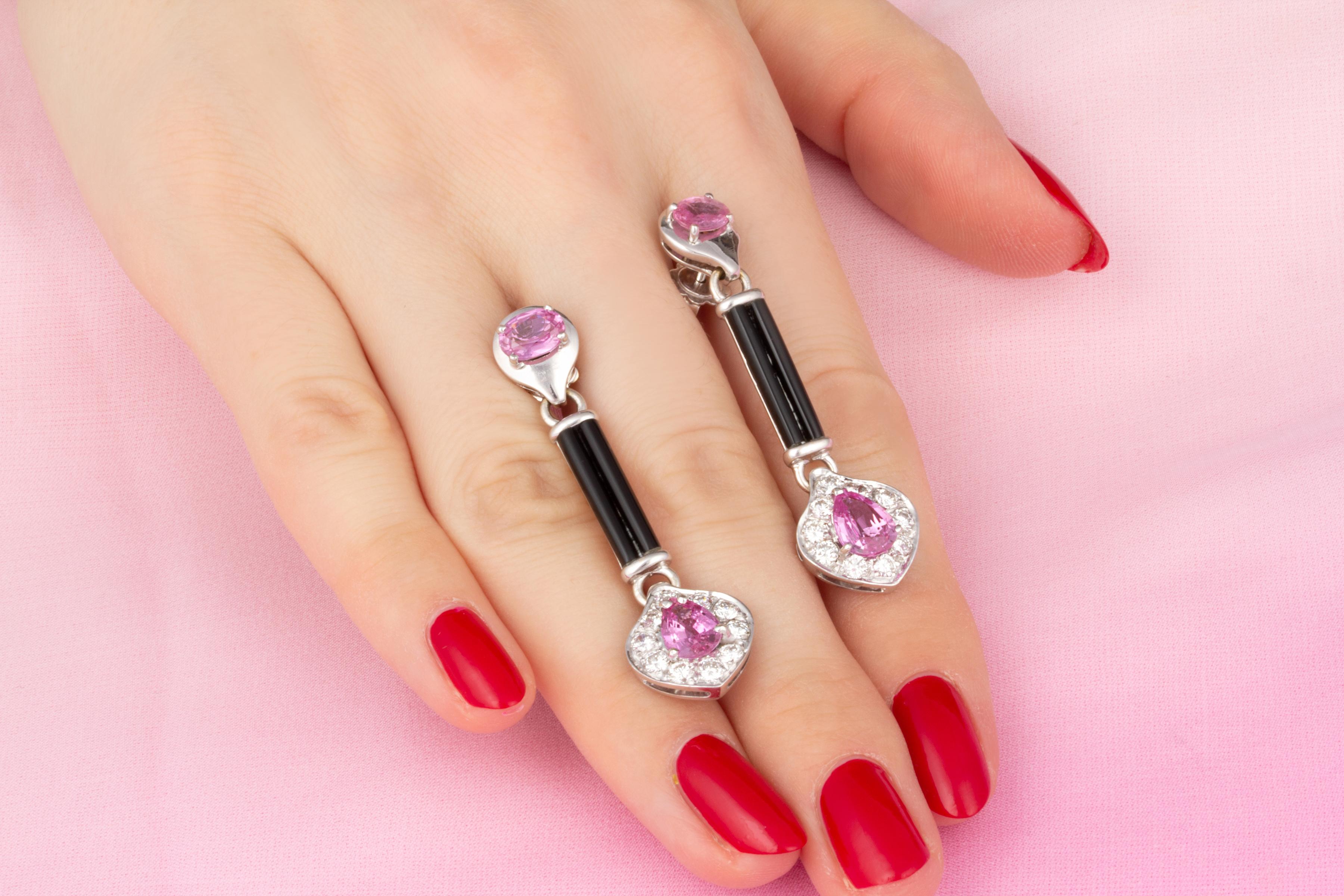 Pear Cut Ella Gafter Pink Sapphire Onyx Diamond Earrings  For Sale