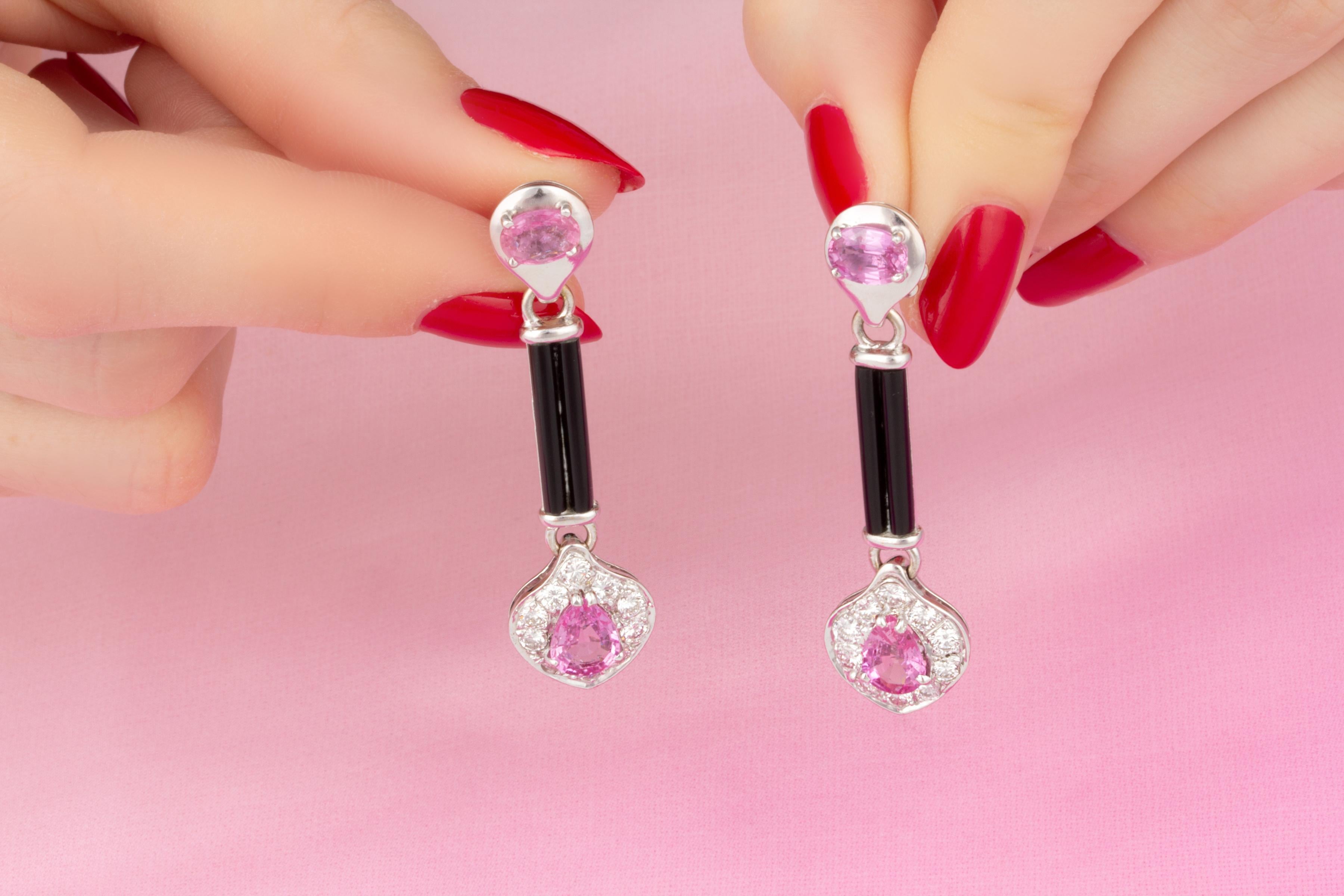 Ella Gafter Pink Sapphire Onyx Diamond Earrings  In New Condition For Sale In New York, NY