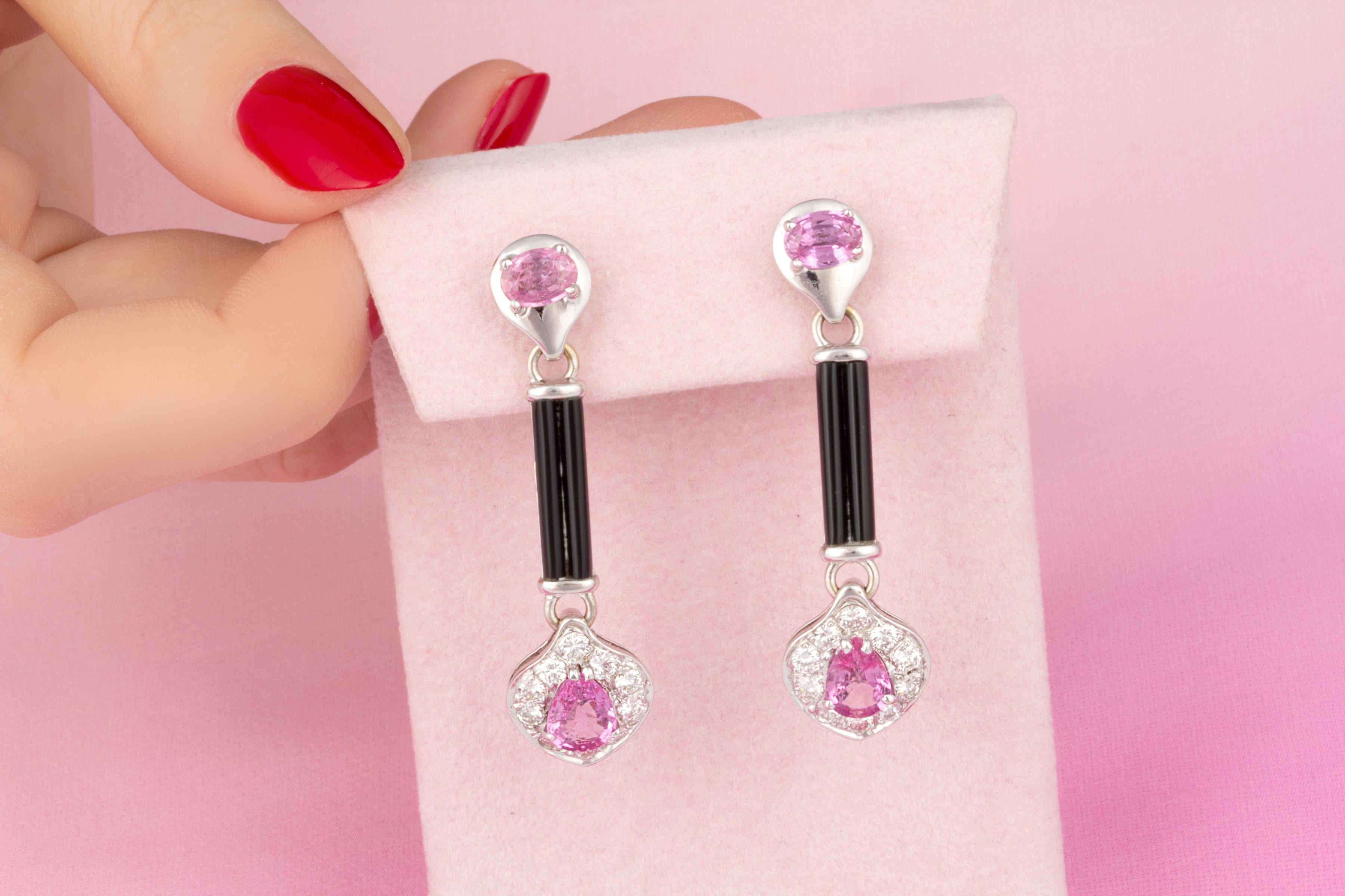 Artist Ella Gafter Pink Sapphire Onyx Diamond Earrings  For Sale