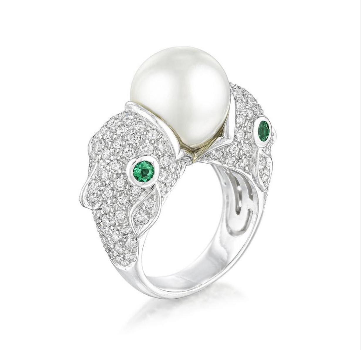 Ella Gafter Pisces Diamond Pearl Emerald Zodiac Ring in 18K Ring For Sale 2