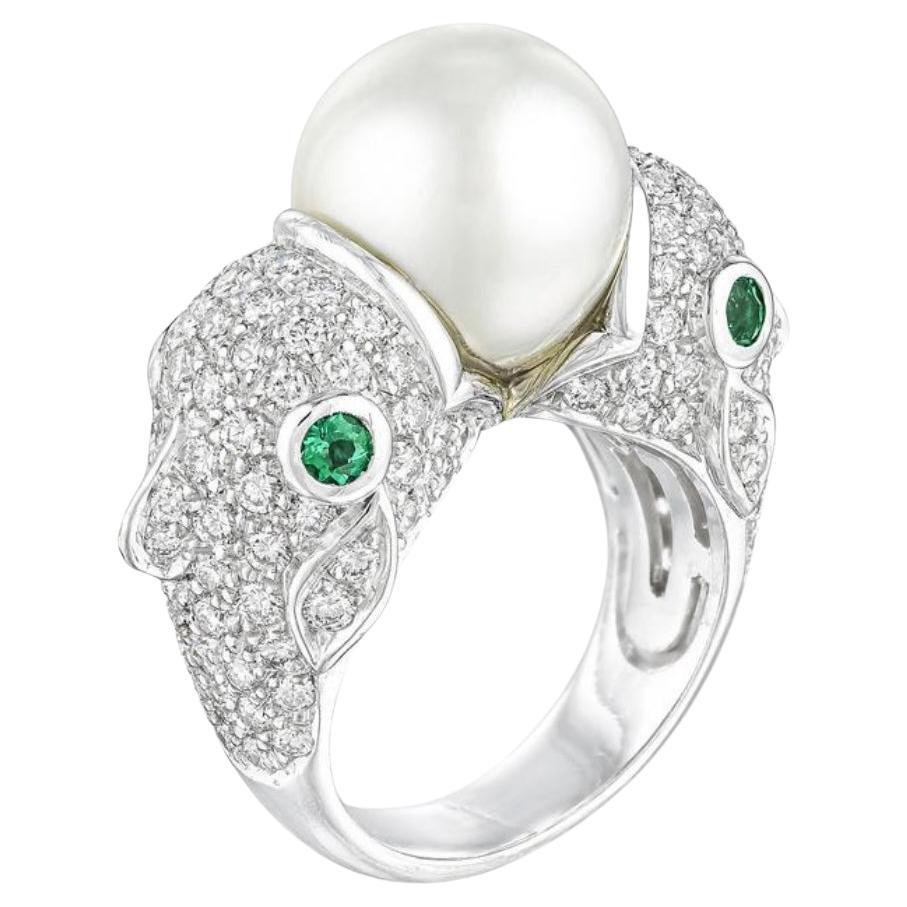 Ella Gafter Pisces Diamond Pearl Emerald Zodiac Ring in 18K Ring For Sale