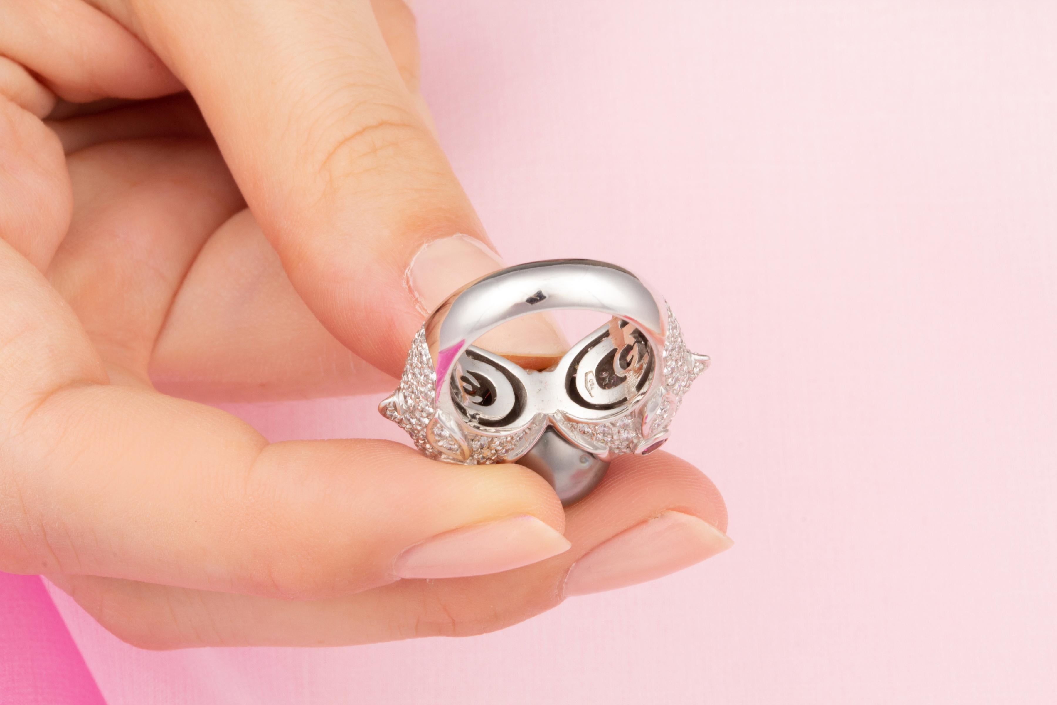 Pisces Zodiac Cocktail Ring Tahitian Pearl Diamonds Design by Ella Gafter For Sale 1