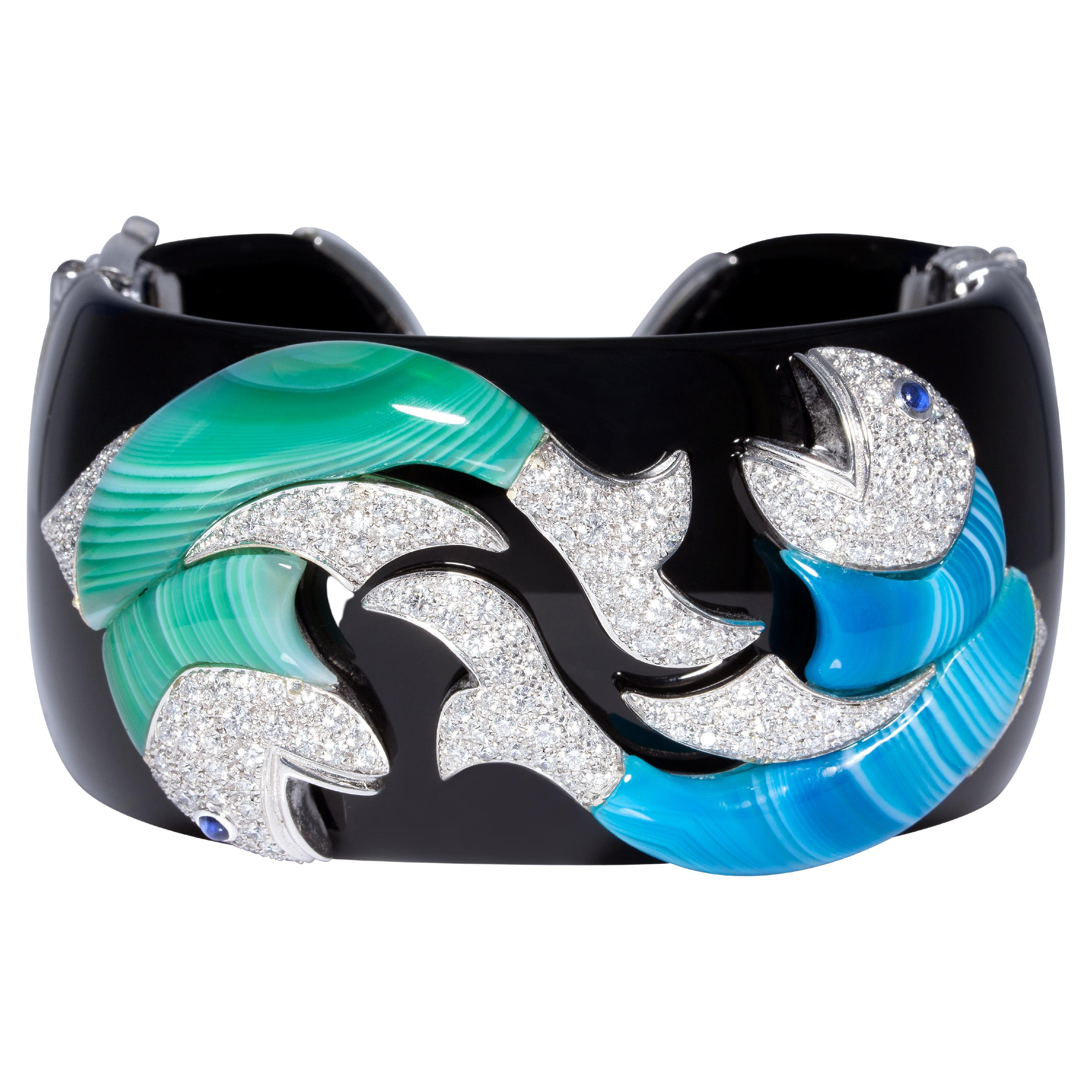 Bracelet manchette avec diamants Ella Gafter Poissons Zodiac en vente