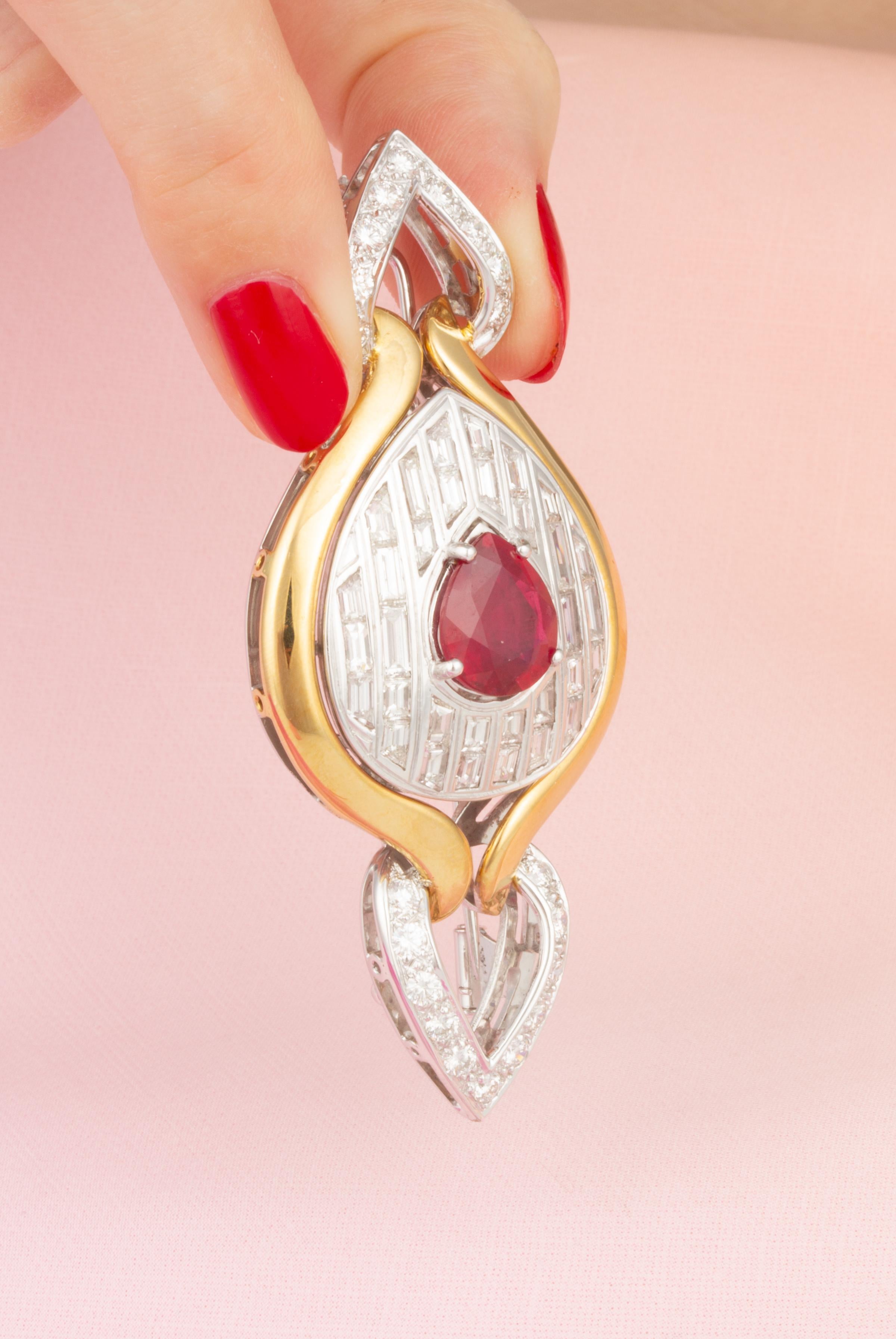 Baguette Cut Ella Gafter Ruby Diamond Pin Brooch  For Sale