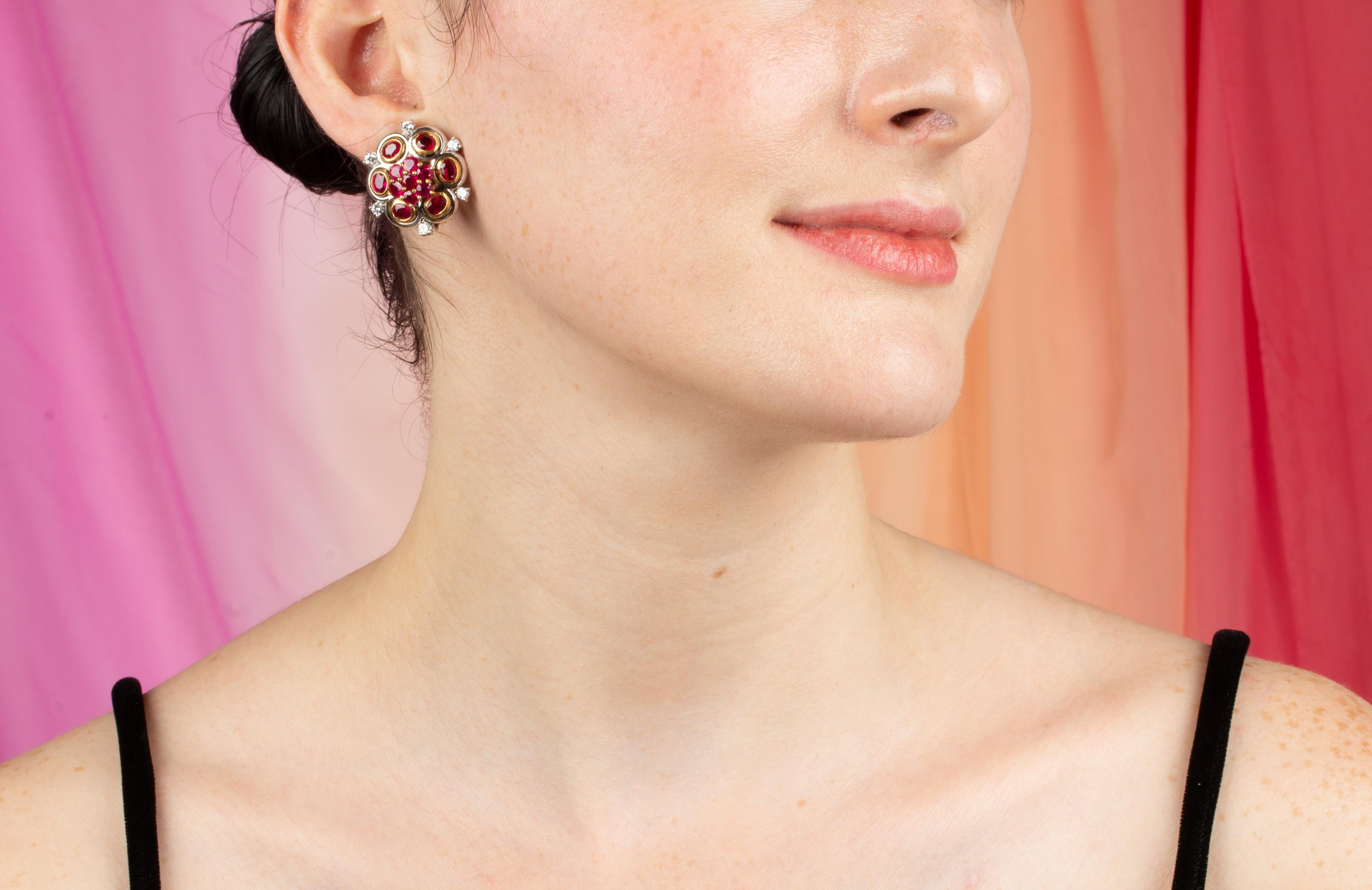 Artist Ella Gafter Ruby Diamond Flower Earrings  For Sale
