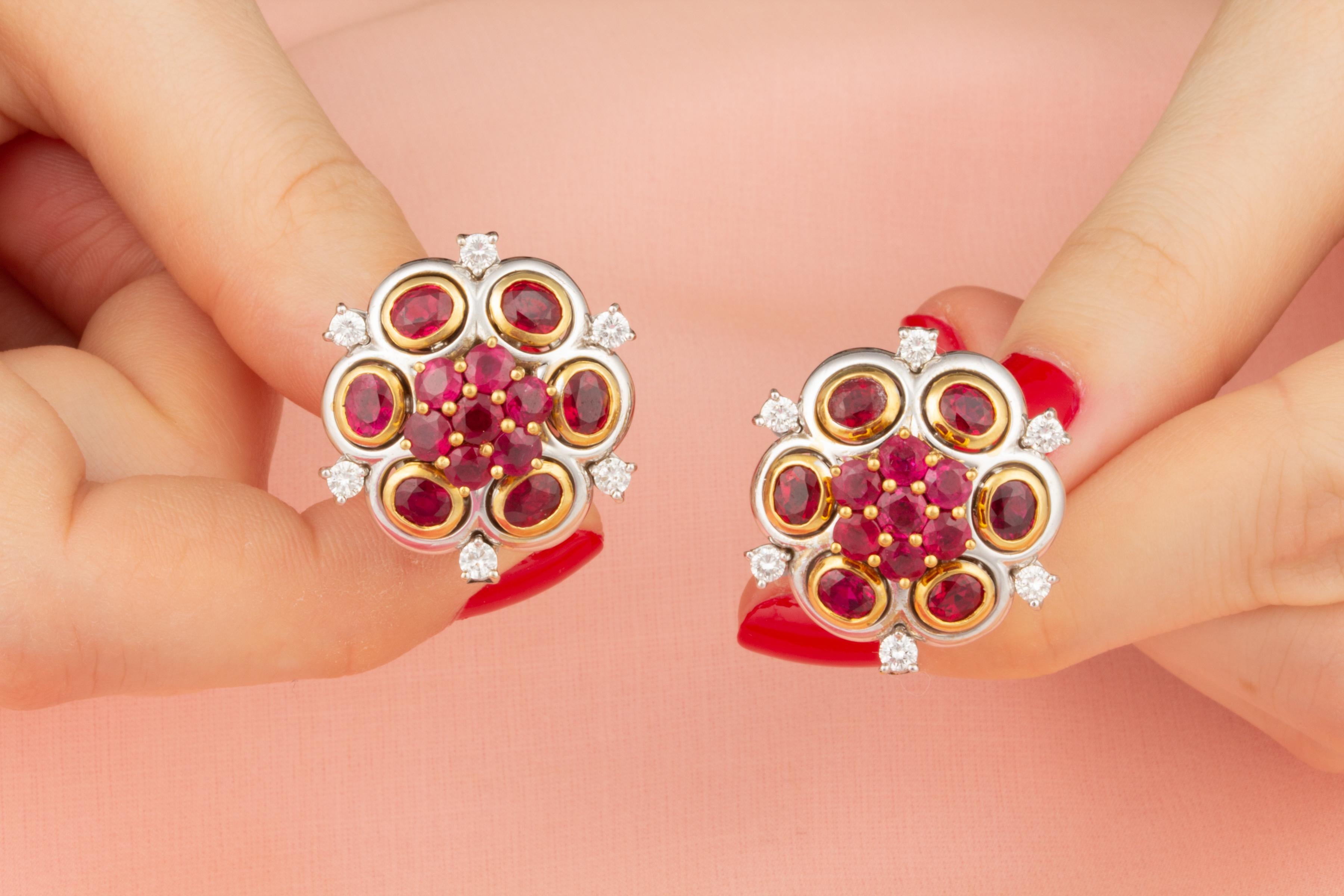 Ella Gafter Ruby Diamond Flower Earrings  In New Condition For Sale In New York, NY