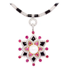 Collier à pendentifs en diamant, rubis et onyx Art Déco Design by Ella Gafter