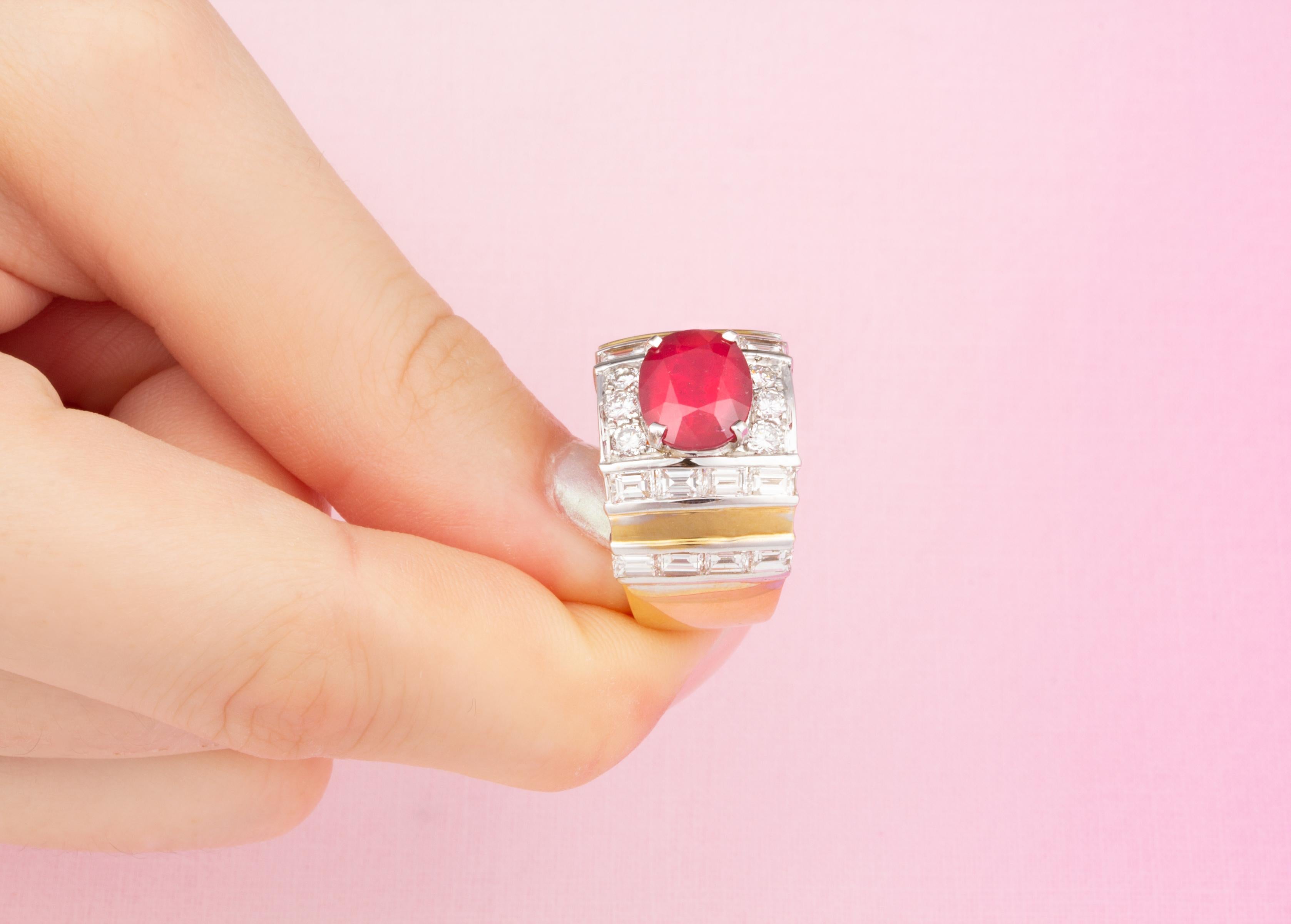 Women's or Men's Ruby and Diamond Cocktail Ring White Yellow Gold Design by Ella Gafter For Sale
