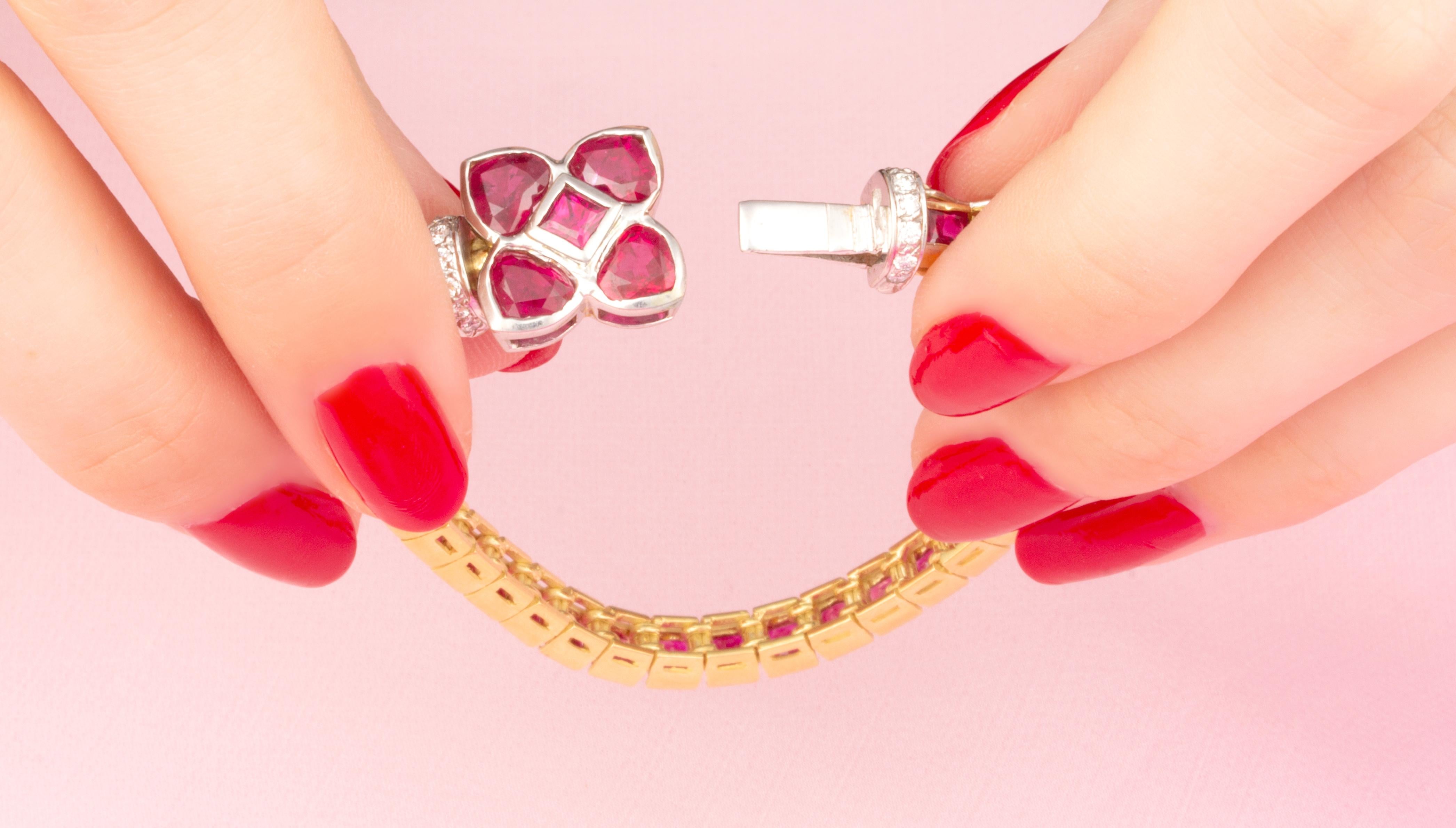 Square Cut Ella Gafter Ruby Diamond Color Line Bracelet For Sale