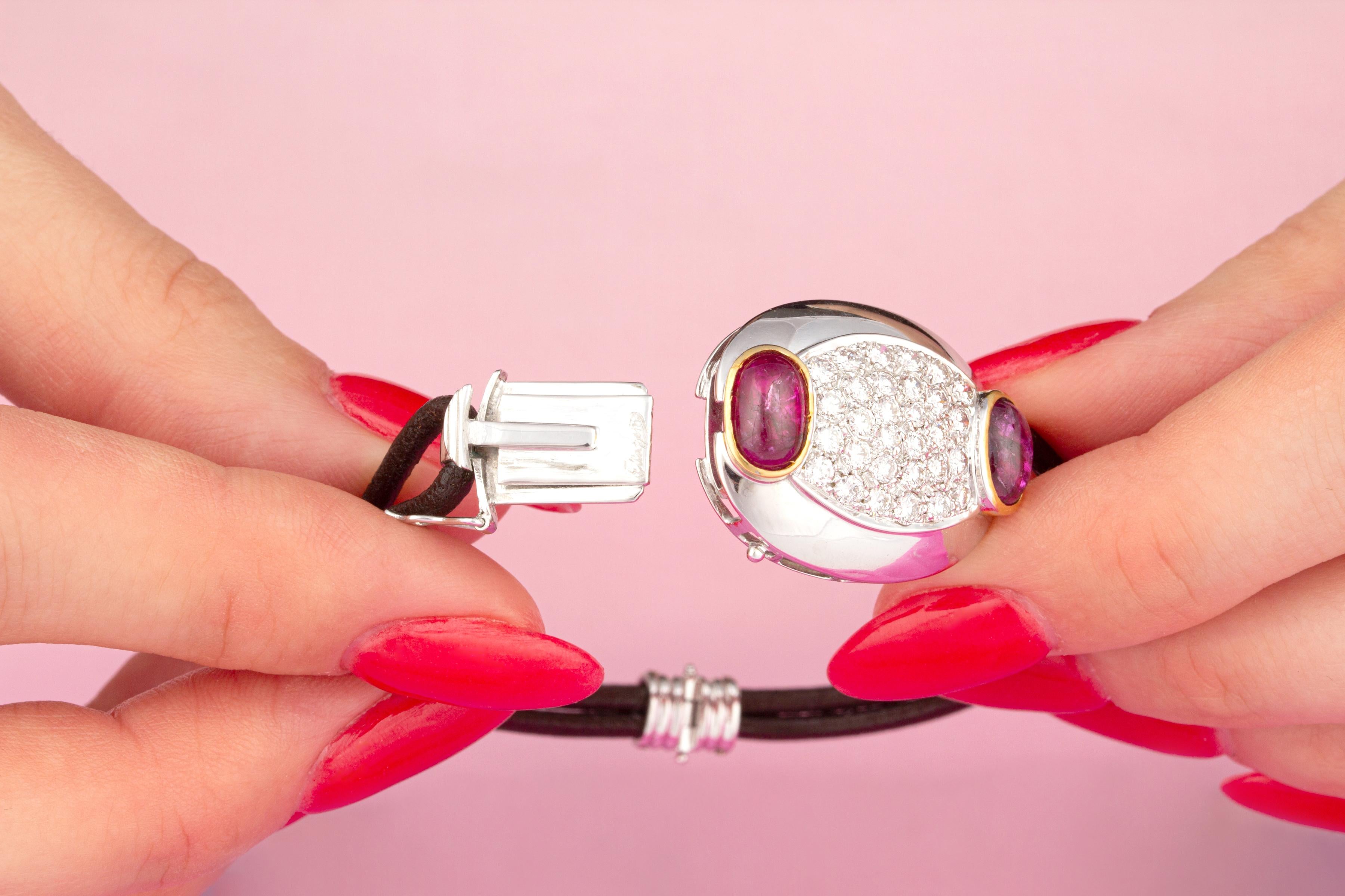 Women's or Men's Ella Gafter Ruby Diamond Leather Bracelet For Sale