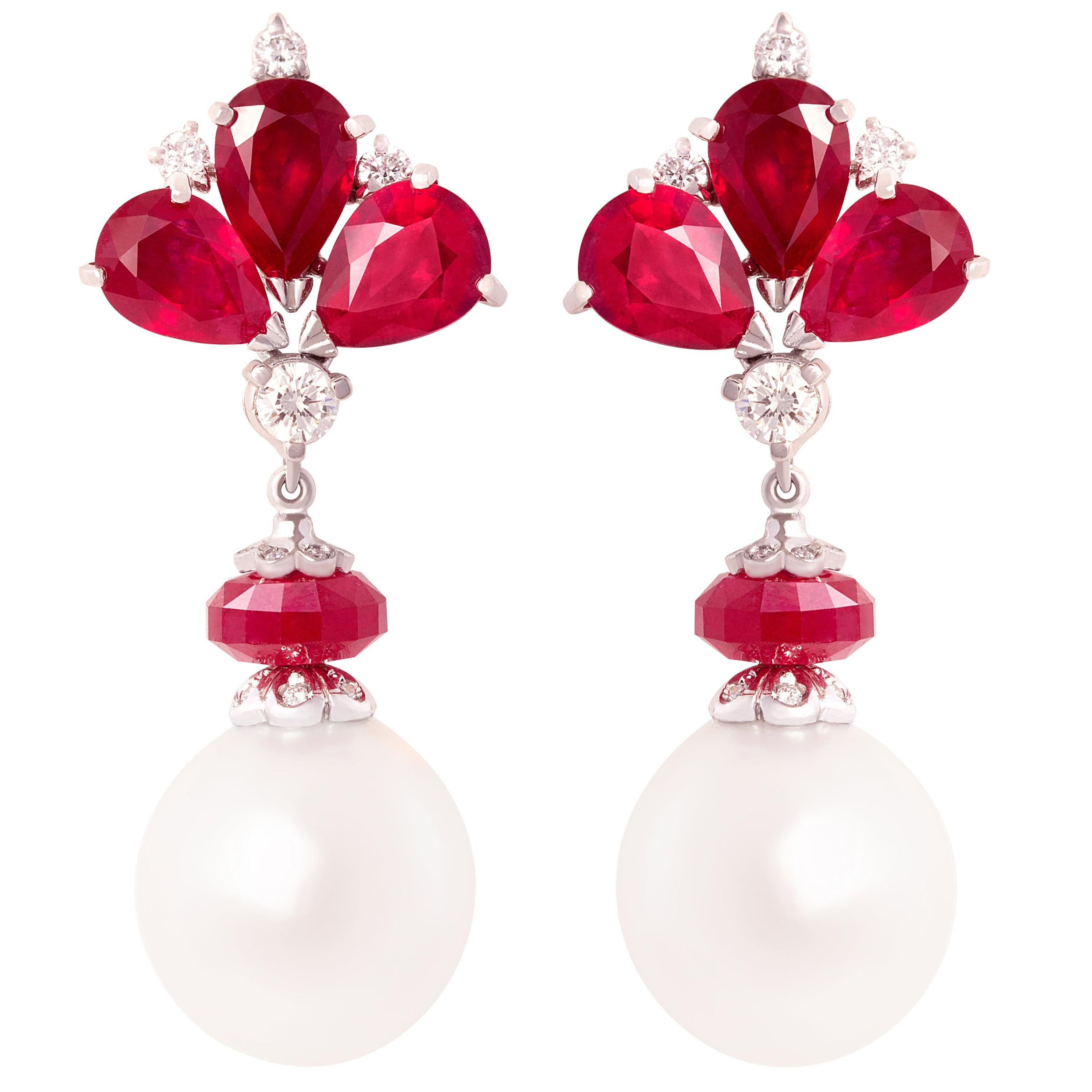 Ella Gafter Ruby Diamond Pearl Drop Earrings For Sale