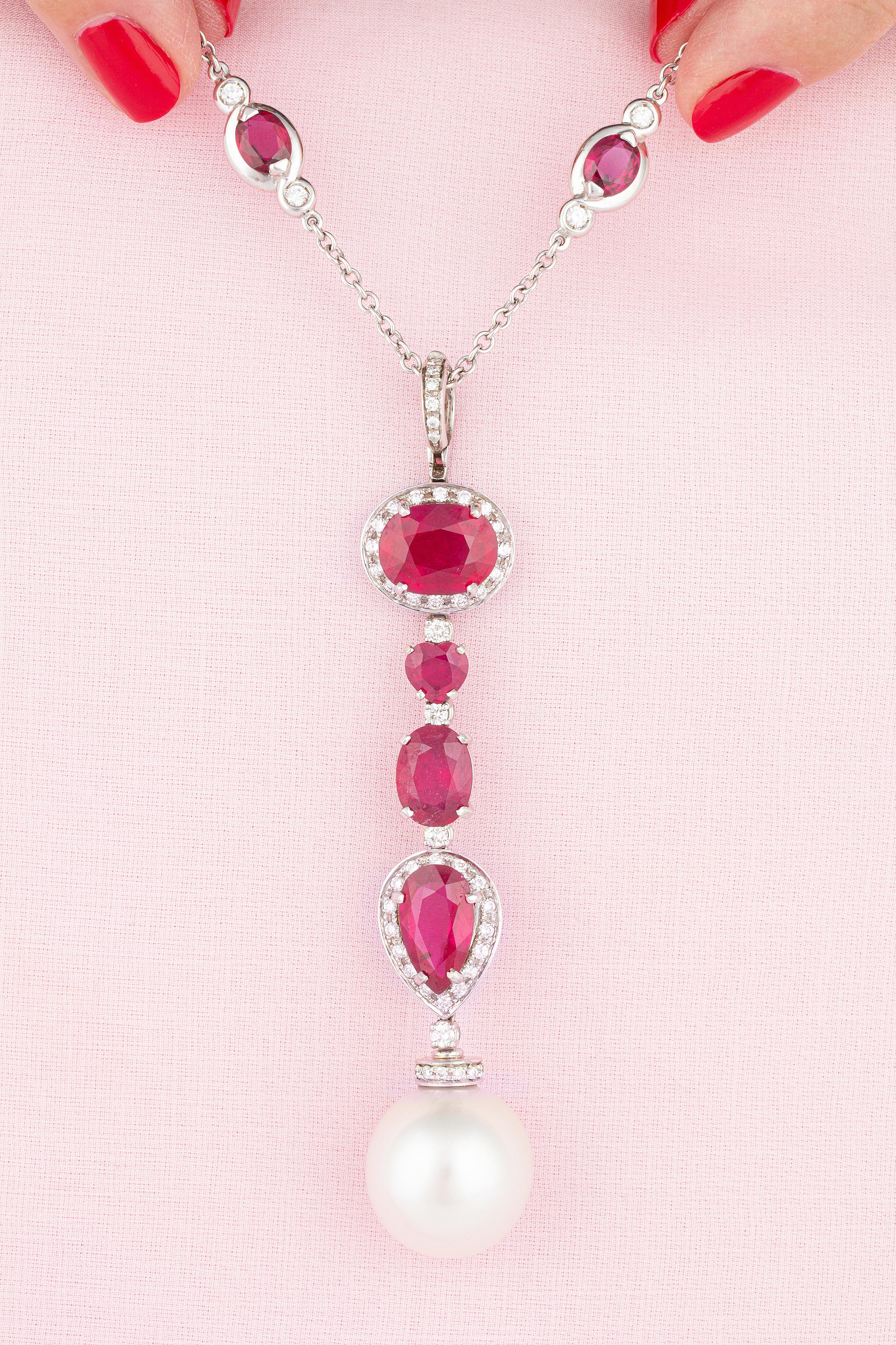Brilliant Cut Ella Gafter Ruby Diamond Pearl Pendant Necklace For Sale