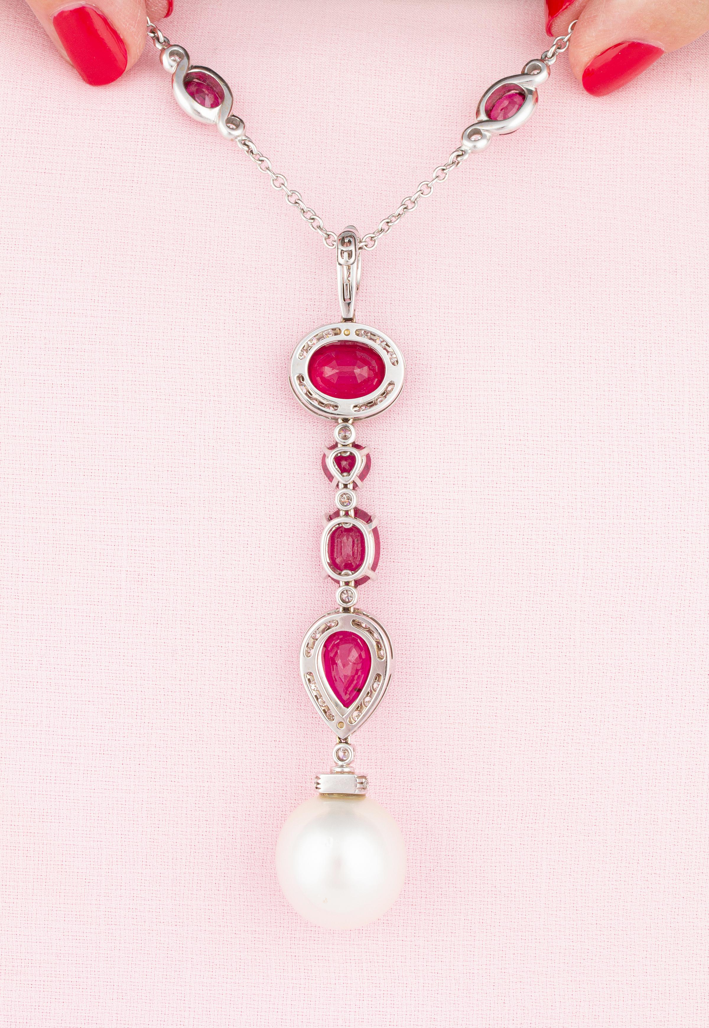 Ella Gafter Ruby Diamond Pearl Pendant Necklace In New Condition For Sale In New York, NY