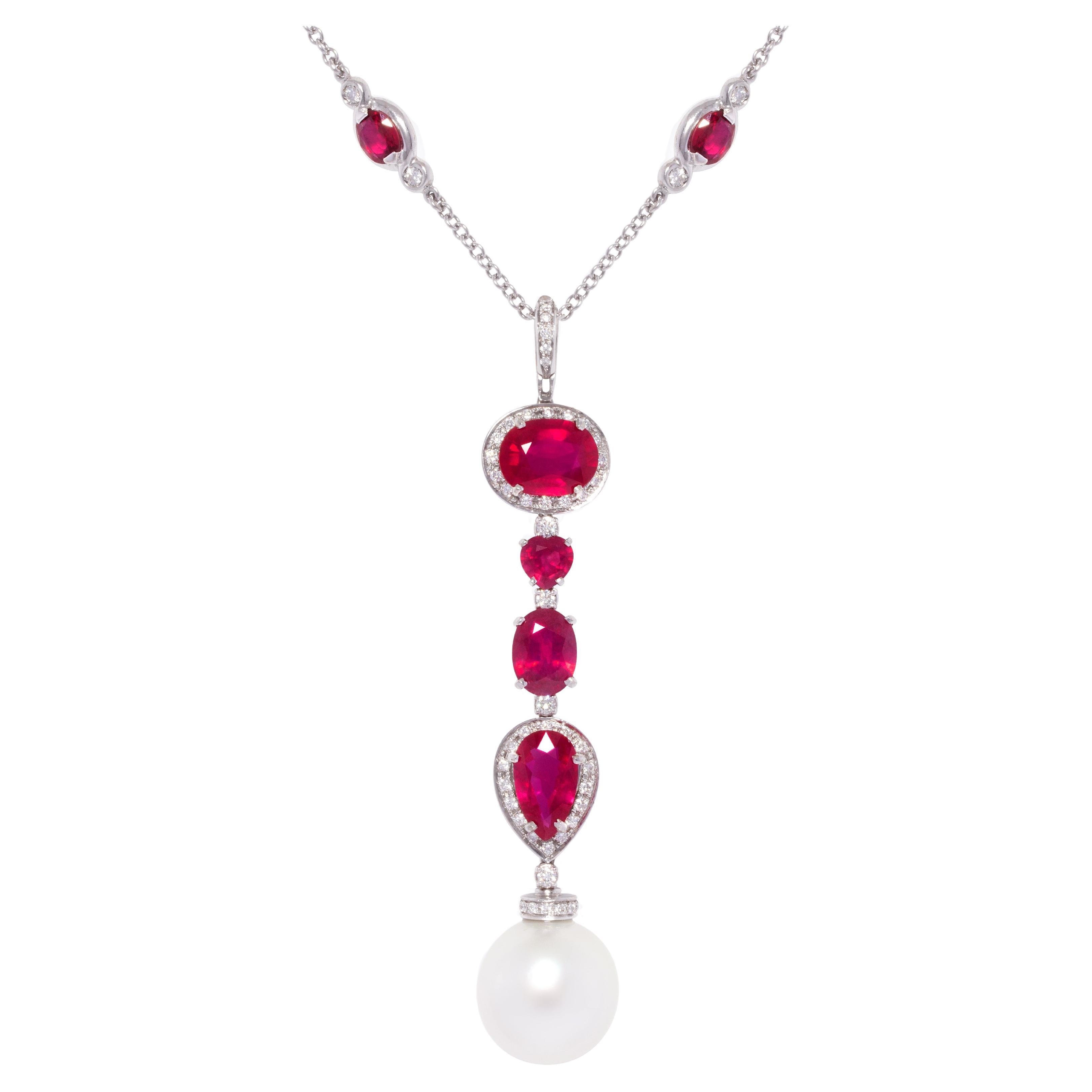 Ella Gafter Ruby Diamond Pearl Pendant Necklace For Sale