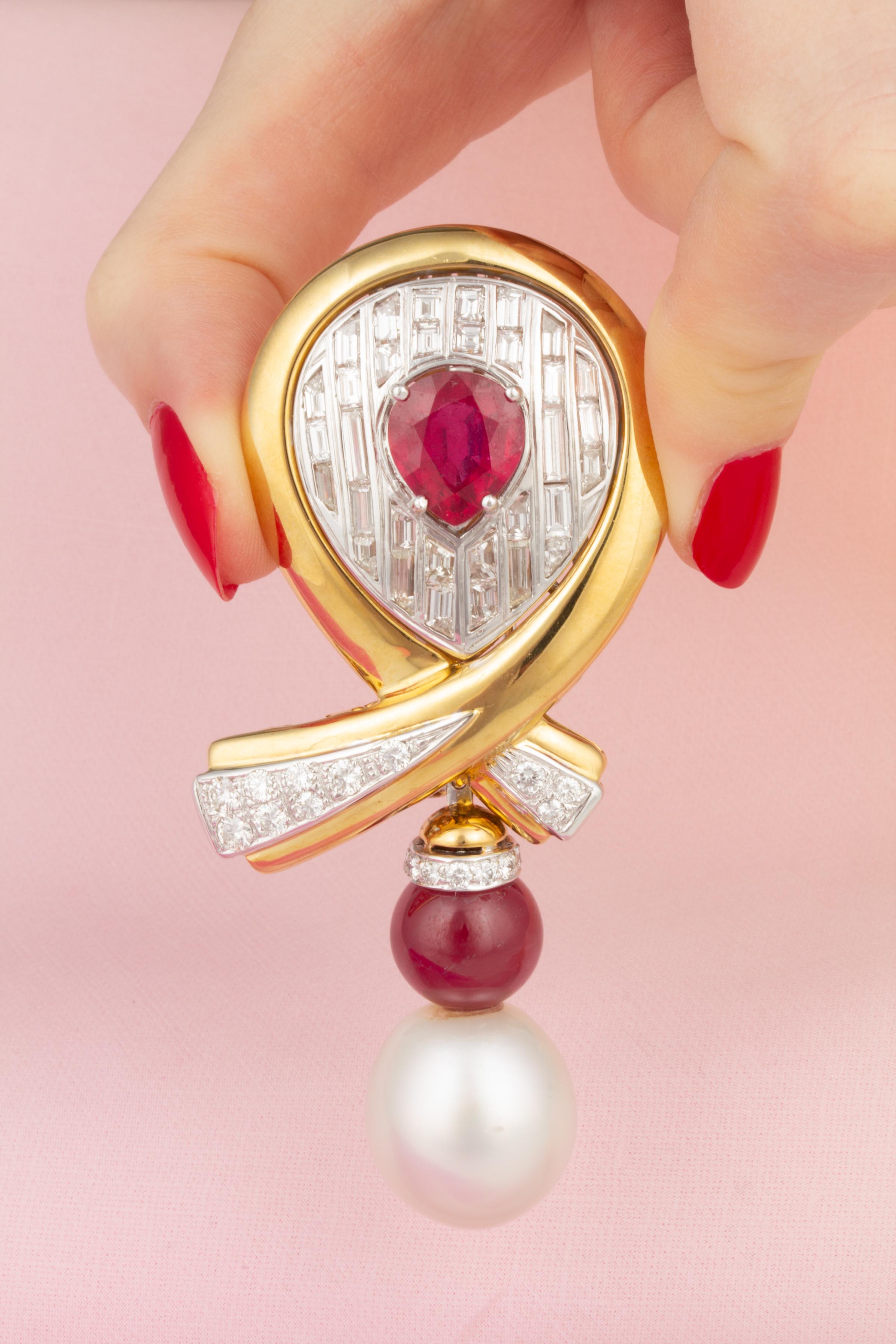 Ella Gafter Rubin Perle Diamant Schleife Brosche Anstecknadel (Baguetteschliff) im Angebot