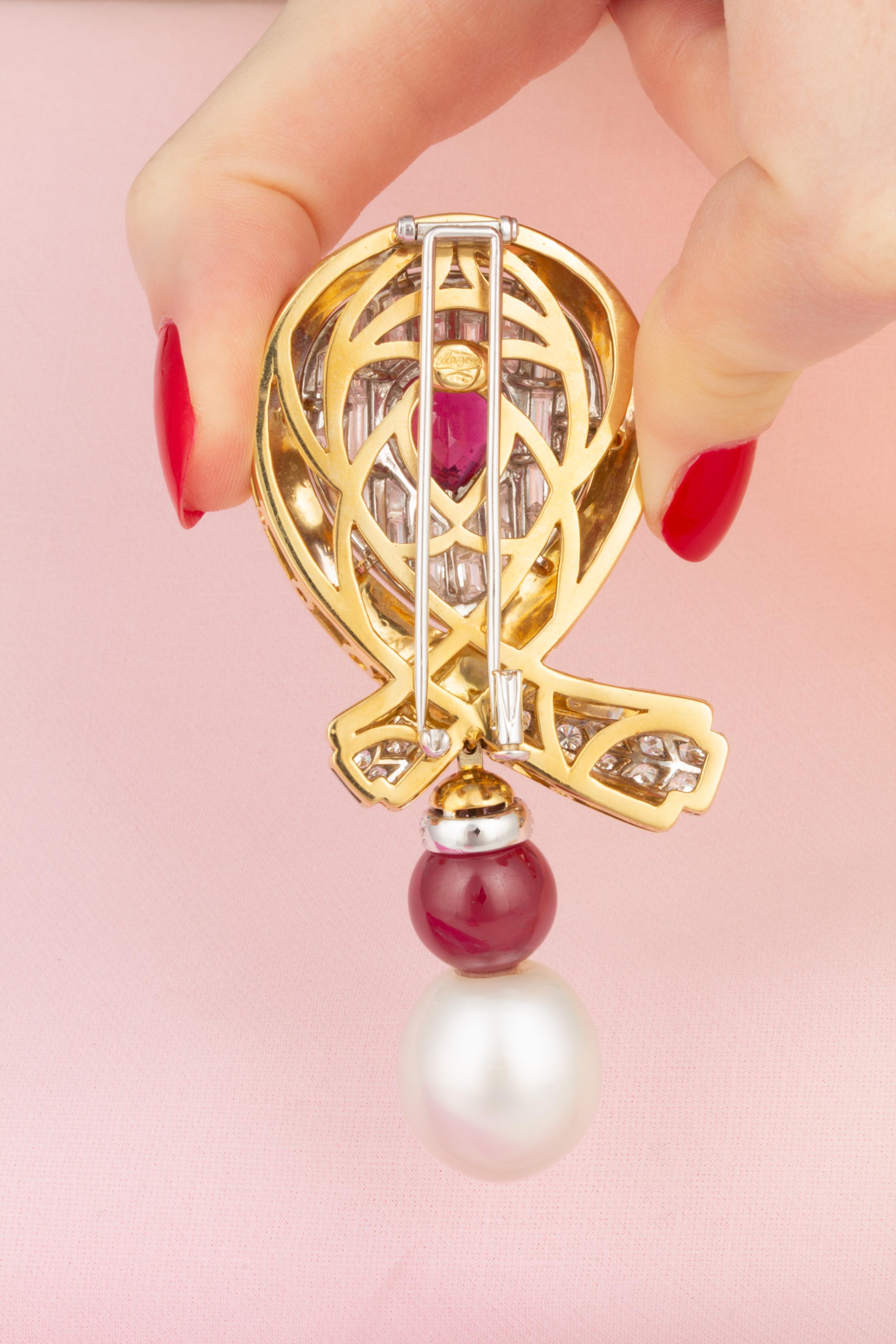Baguette Cut Bow Brooch Diamonds Ruby South Sea Pearl Design by Ella Gafter For Sale