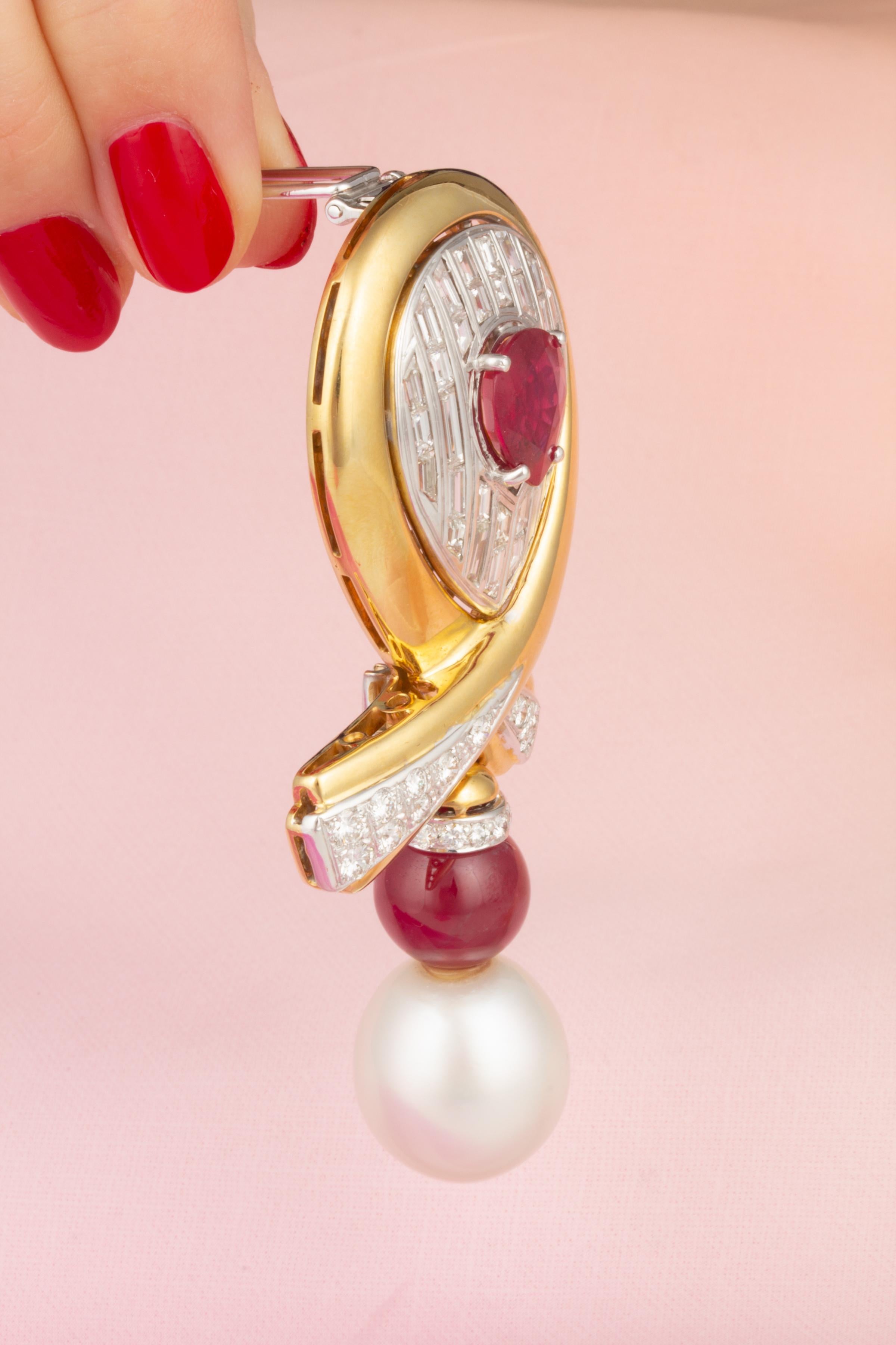 Bow Brooch Diamonds Ruby South Sea Pearl Design by Ella Gafter In New Condition For Sale In New York, NY