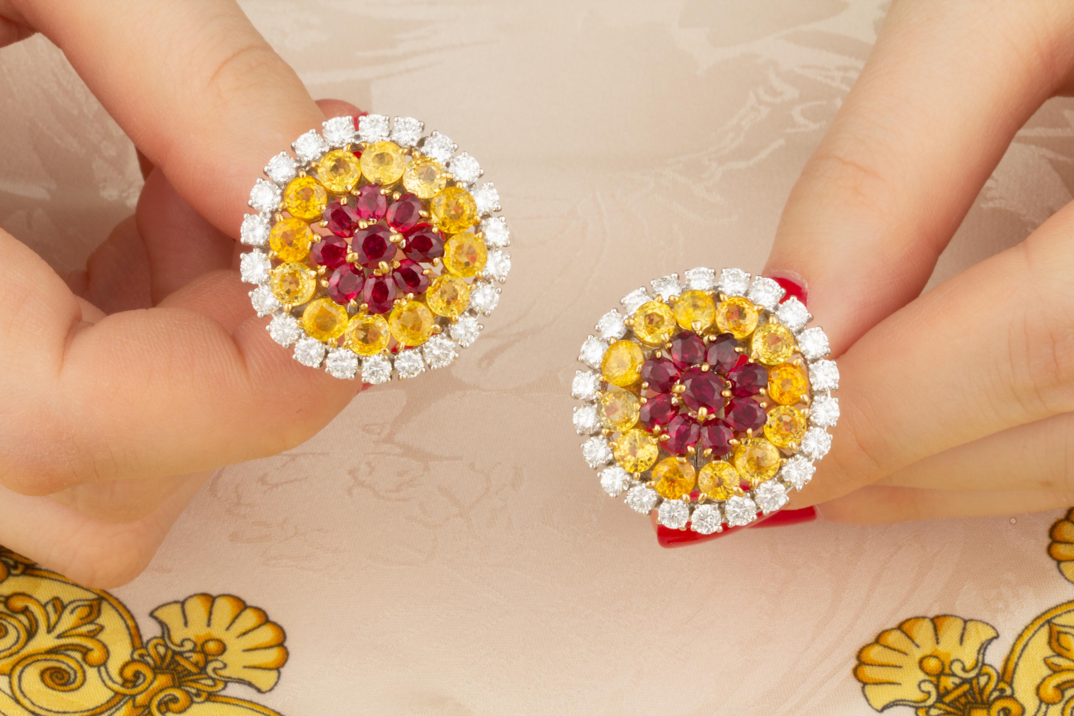 Women's Yellow Sapphire Ruby Diamond Clip-On Earrings Design by Ella Gafter For Sale