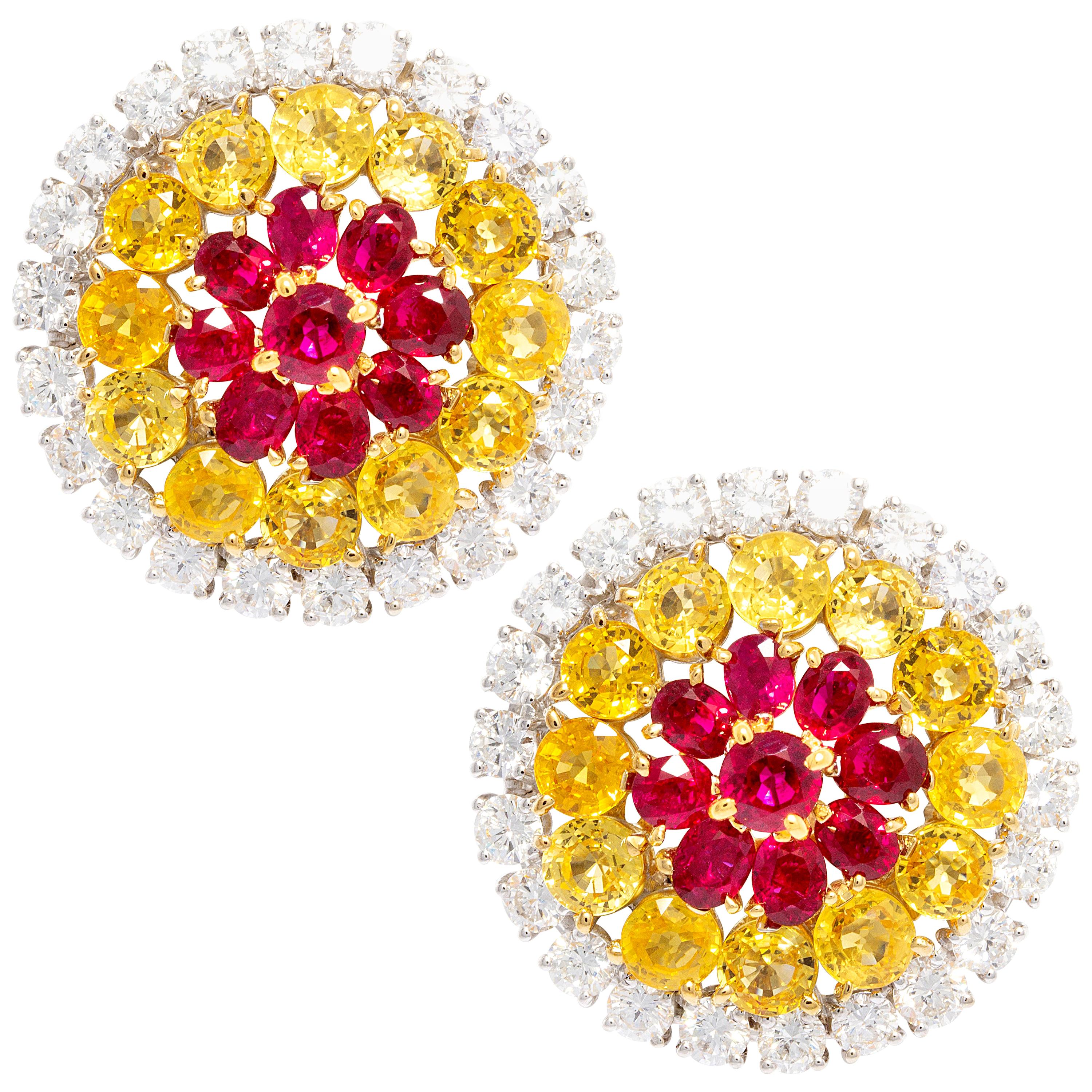 Yellow Sapphire Ruby Diamond Clip-On Earrings Design by Ella Gafter For Sale