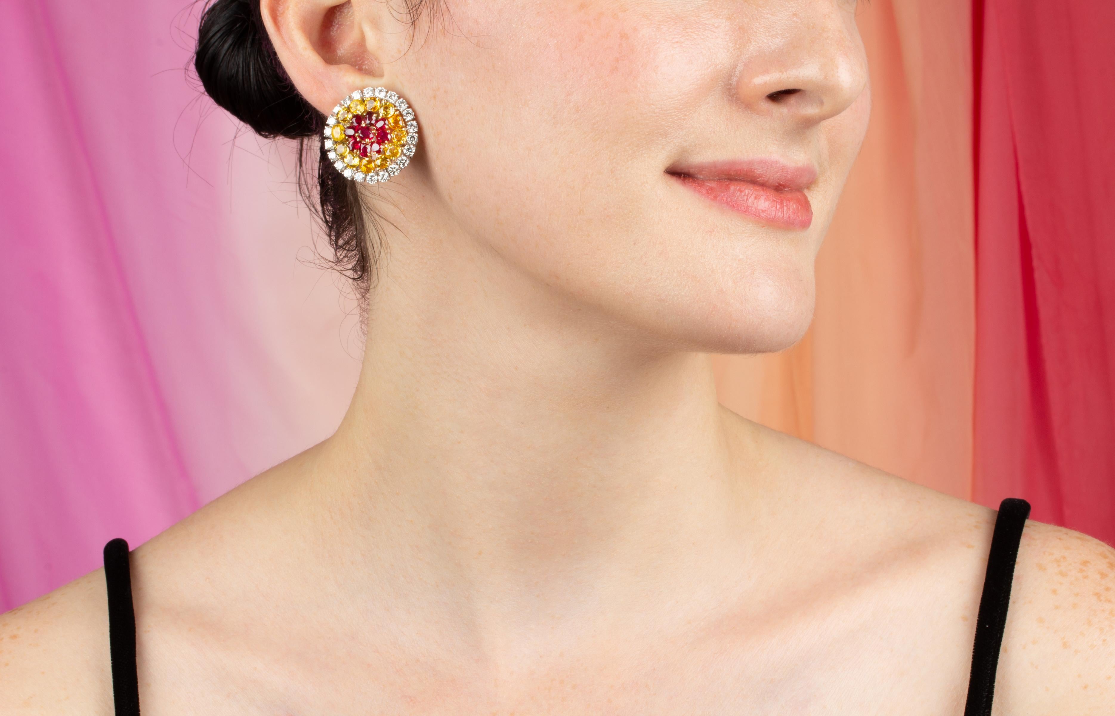 Artist Yellow Sapphire Ruby Diamond Clip-On Earrings Design by Ella Gafter For Sale