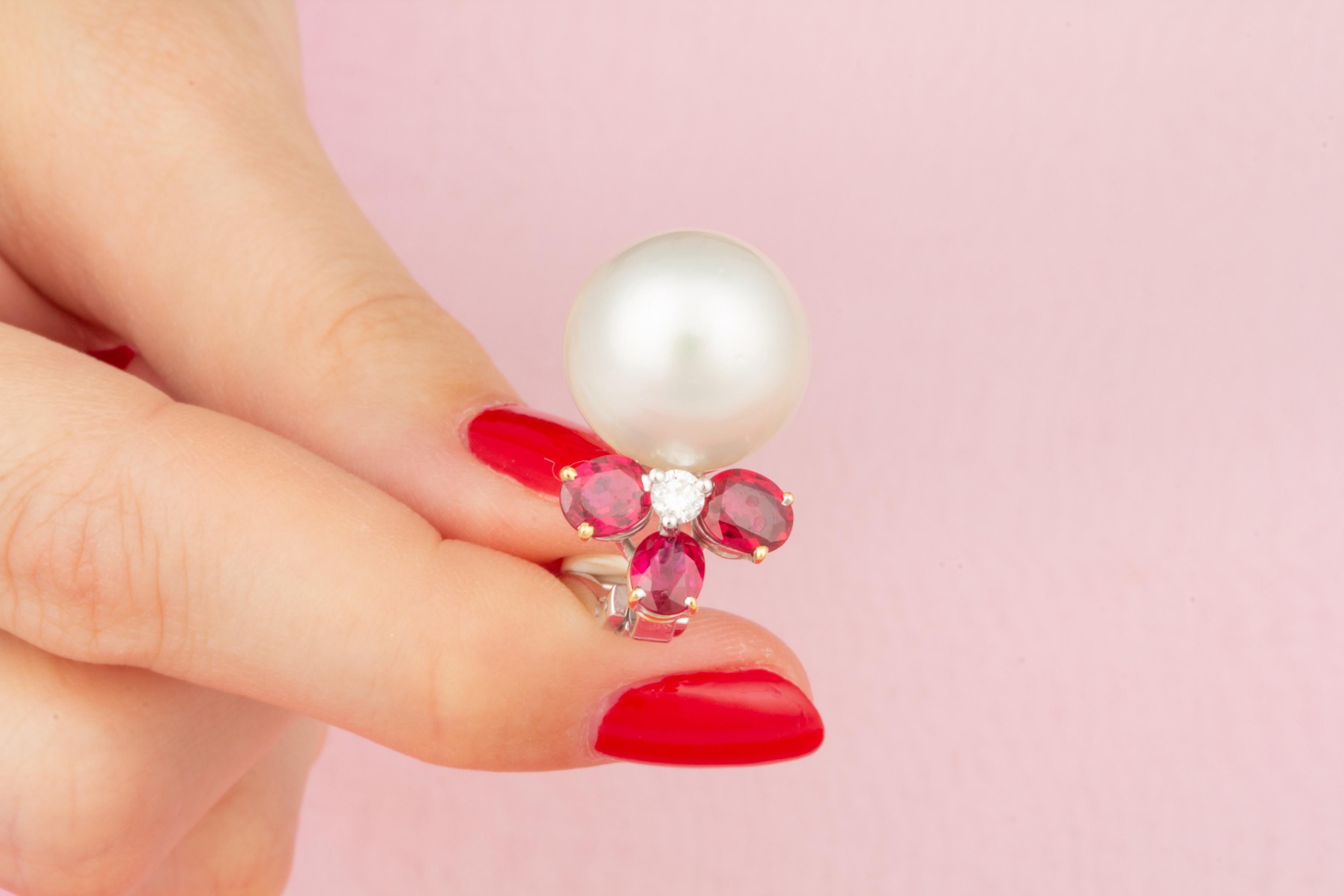 Artist Ruby South Sea Pearl 16mm Diamond Clip-On Earrings Design by Ella Gafter For Sale