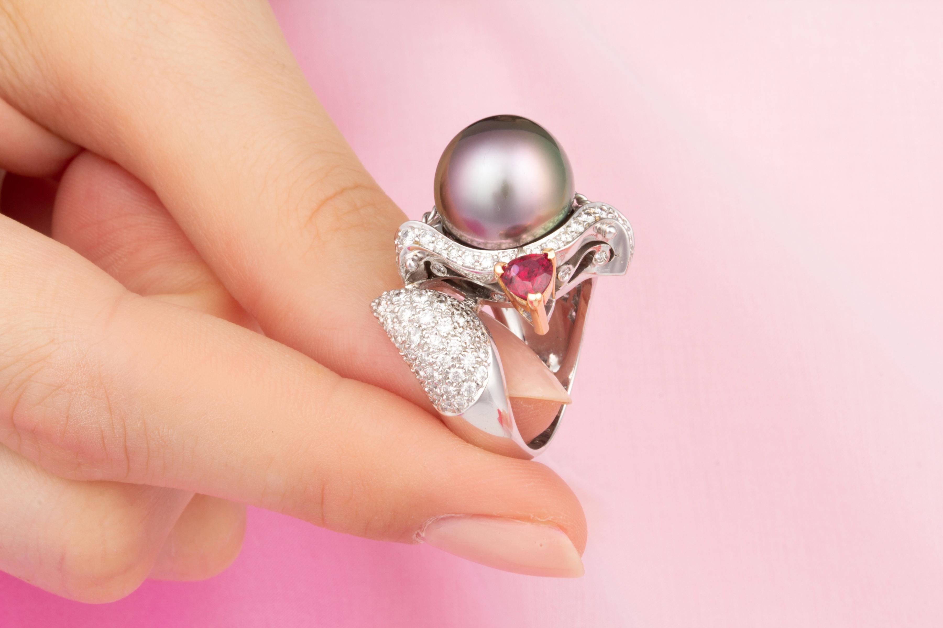Brilliant Cut Ella Gafter Sagittarius Diamond Pearl Ruby Zodiac Ring  For Sale