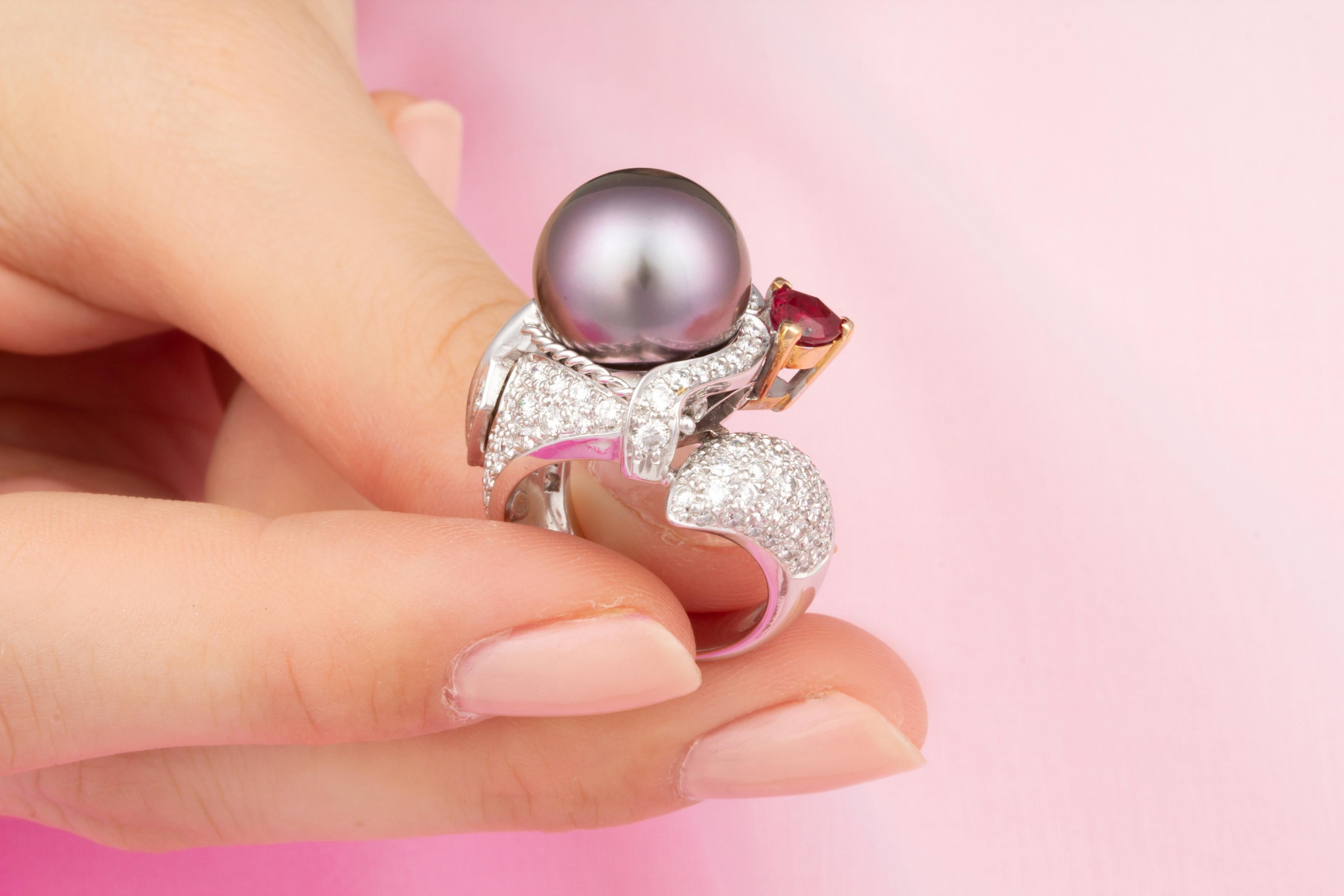 Women's or Men's Ella Gafter Sagittarius Diamond Pearl Ruby Zodiac Ring  For Sale