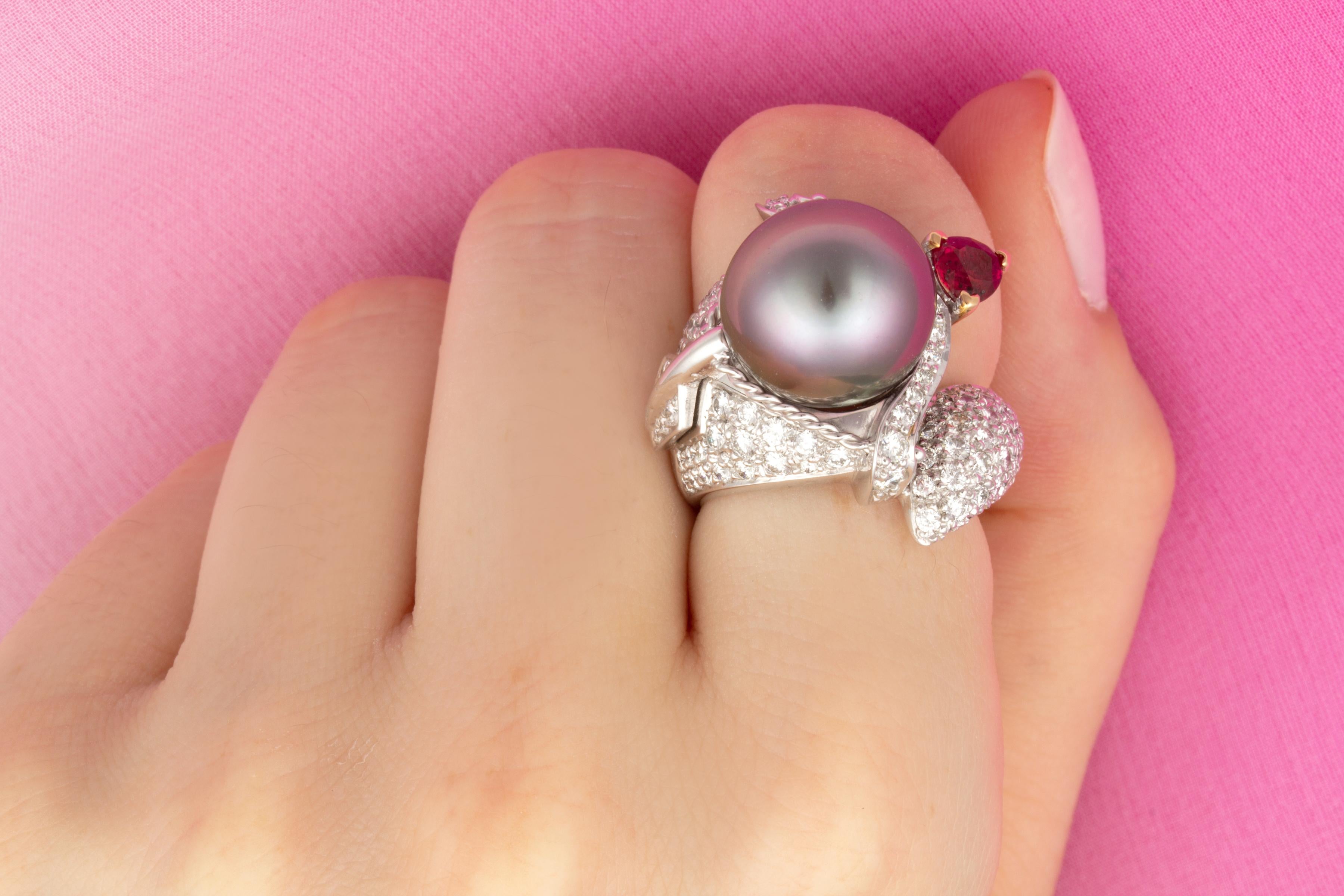 Artist Ella Gafter Sagittarius Diamond Pearl Ruby Zodiac Ring  For Sale