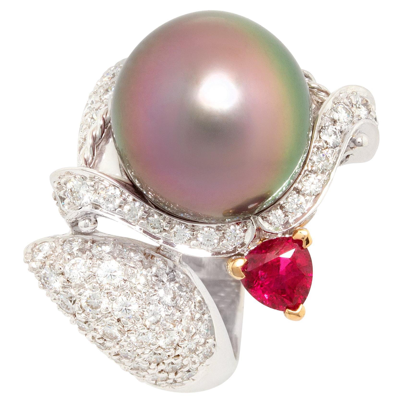 Ella Gafter Sagittarius Diamond Pearl Ruby Zodiac Ring  For Sale
