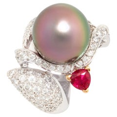 Used Ella Gafter Sagittarius Diamond Pearl Ruby Zodiac Ring 