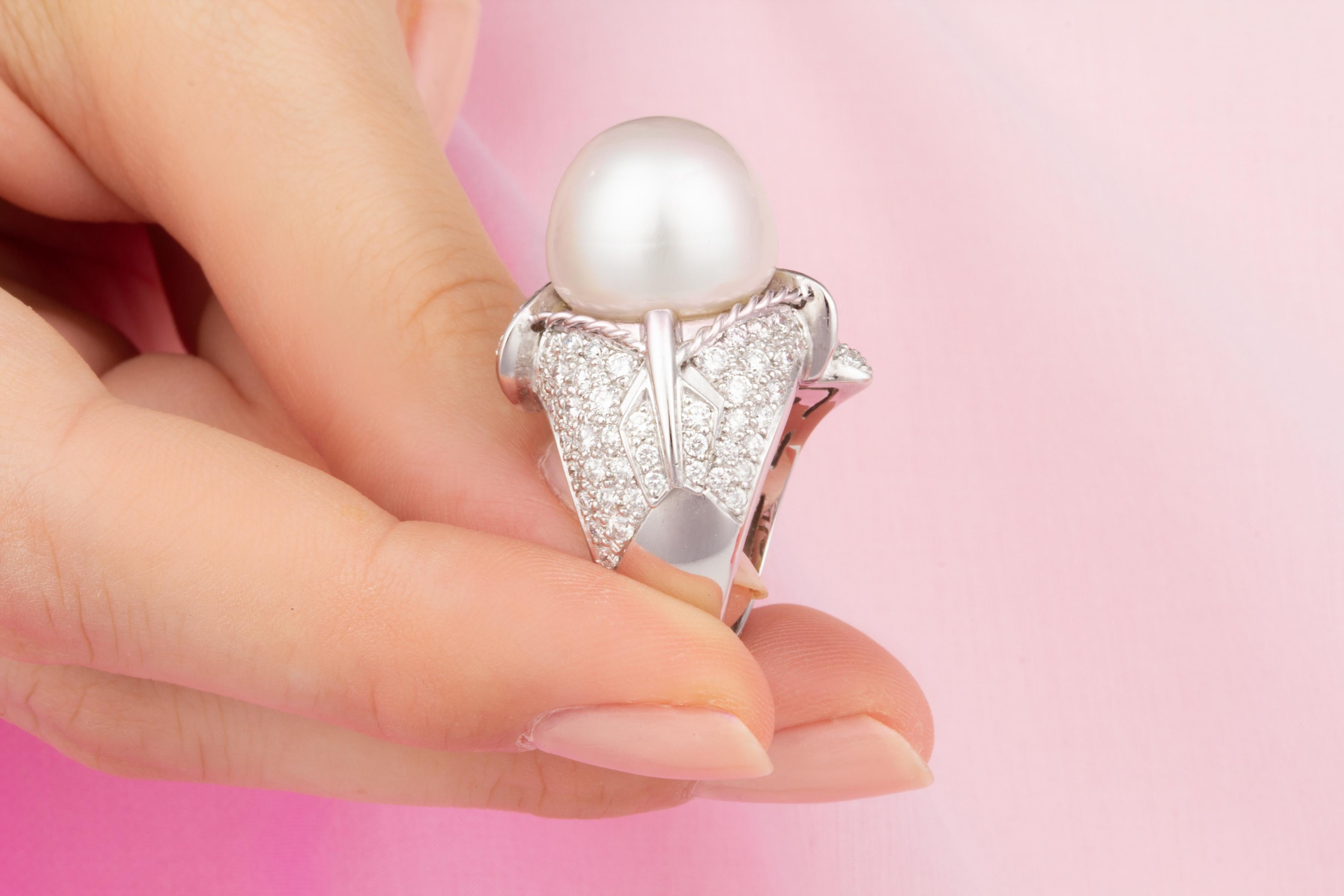 Women's or Men's Ella Gafter Sagittarius Diamond Pearl Zodiac Ring  For Sale