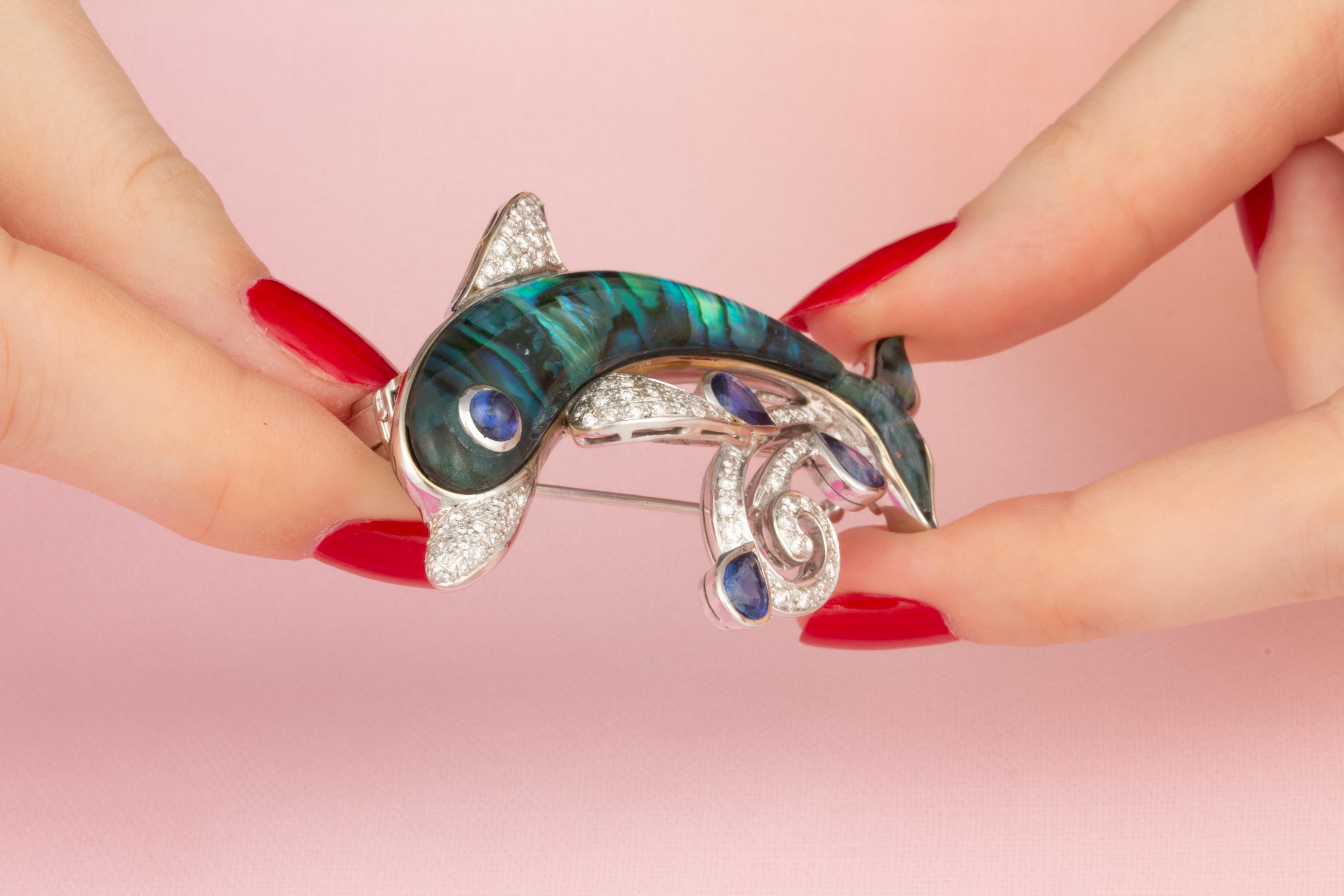Contemporary Ella Gafter Dolphin Sapphire Diamond Pin Brooch  For Sale