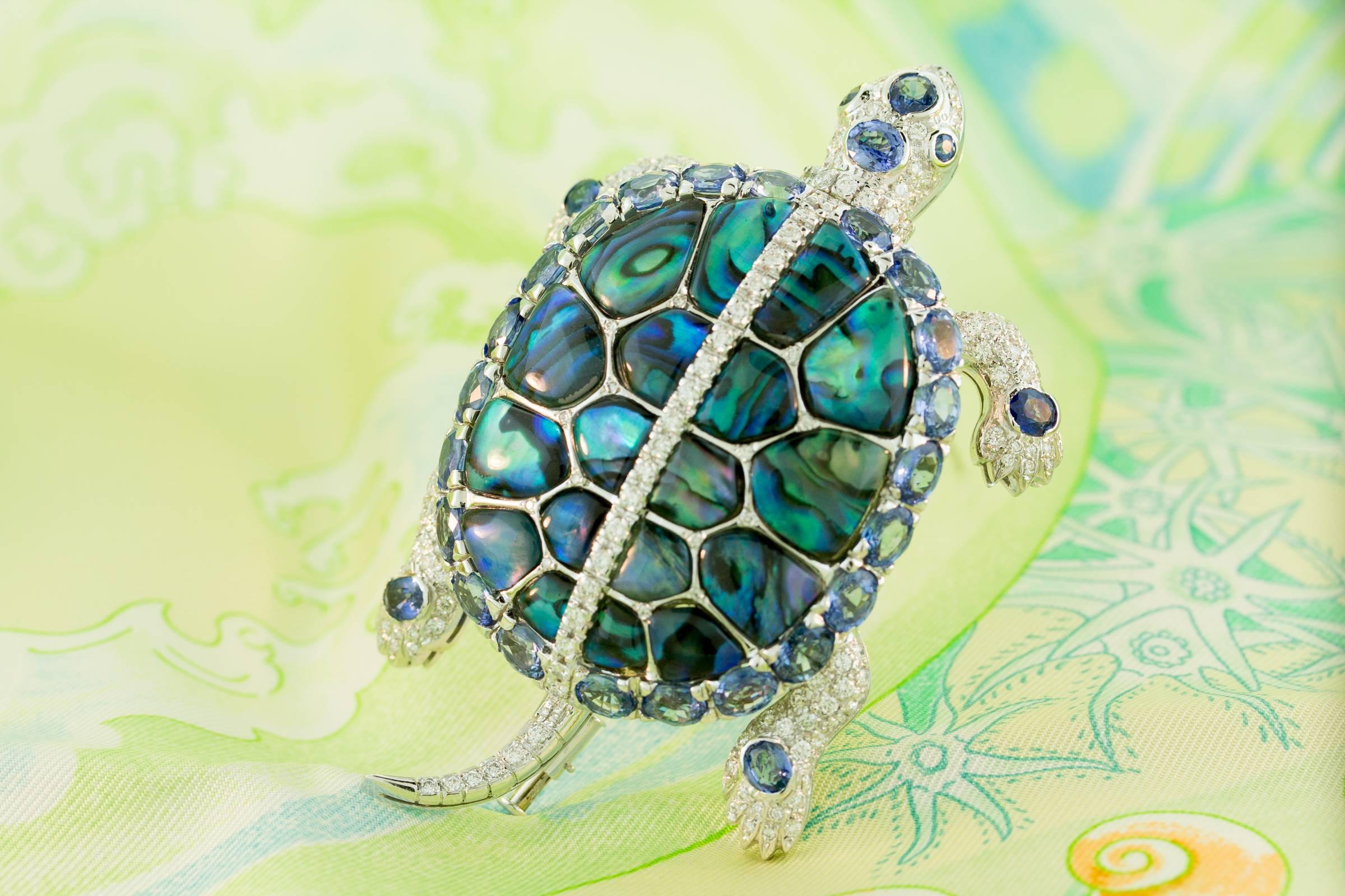 Artist Ella Gafter Turtle Brooch Diamond Sapphire  For Sale