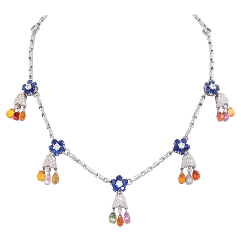 Diamond and Multicolor Sapphire Briolette Necklace Design by Ella