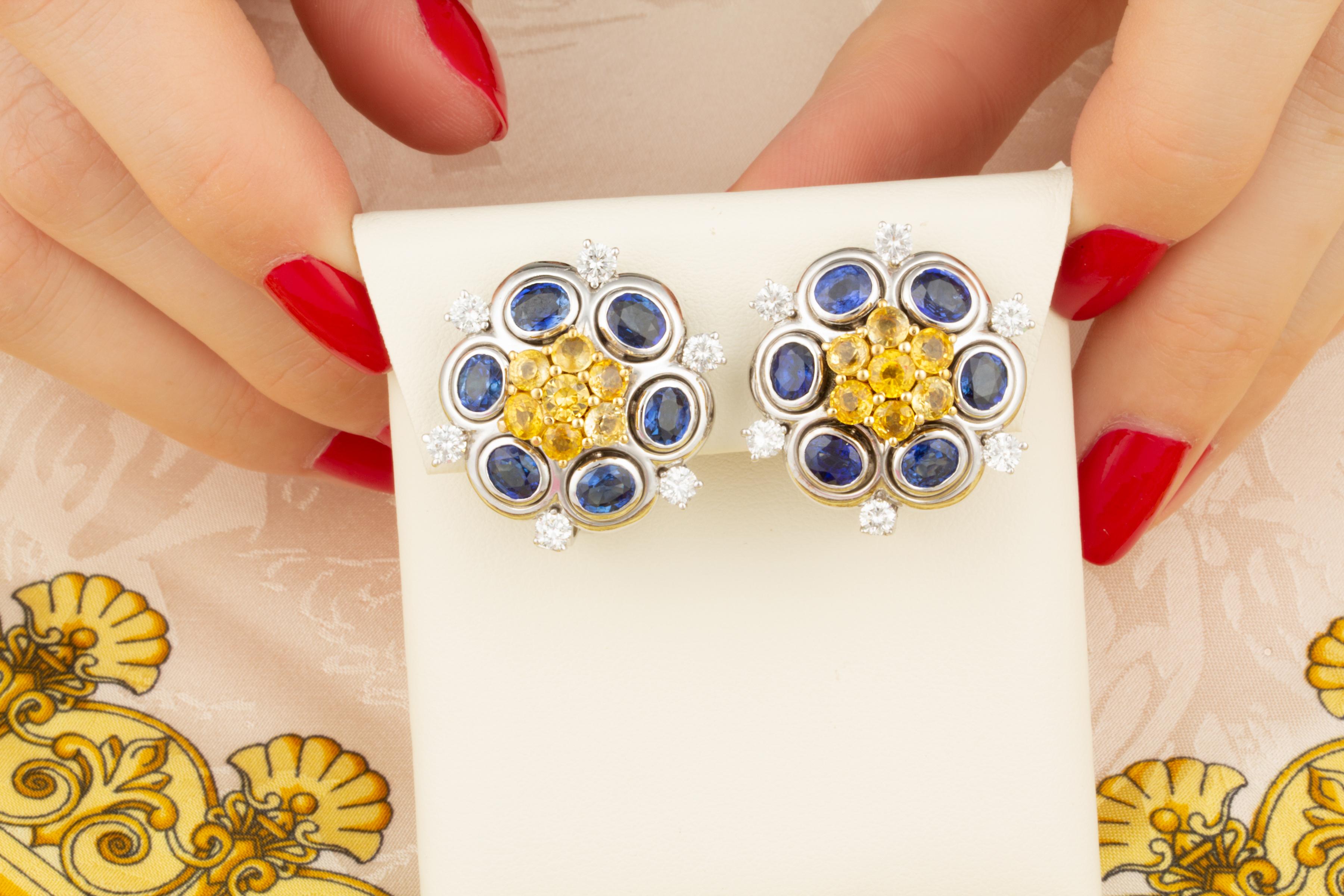 Artist Ella Gafter Sapphire Diamond Cluster Earrings For Sale