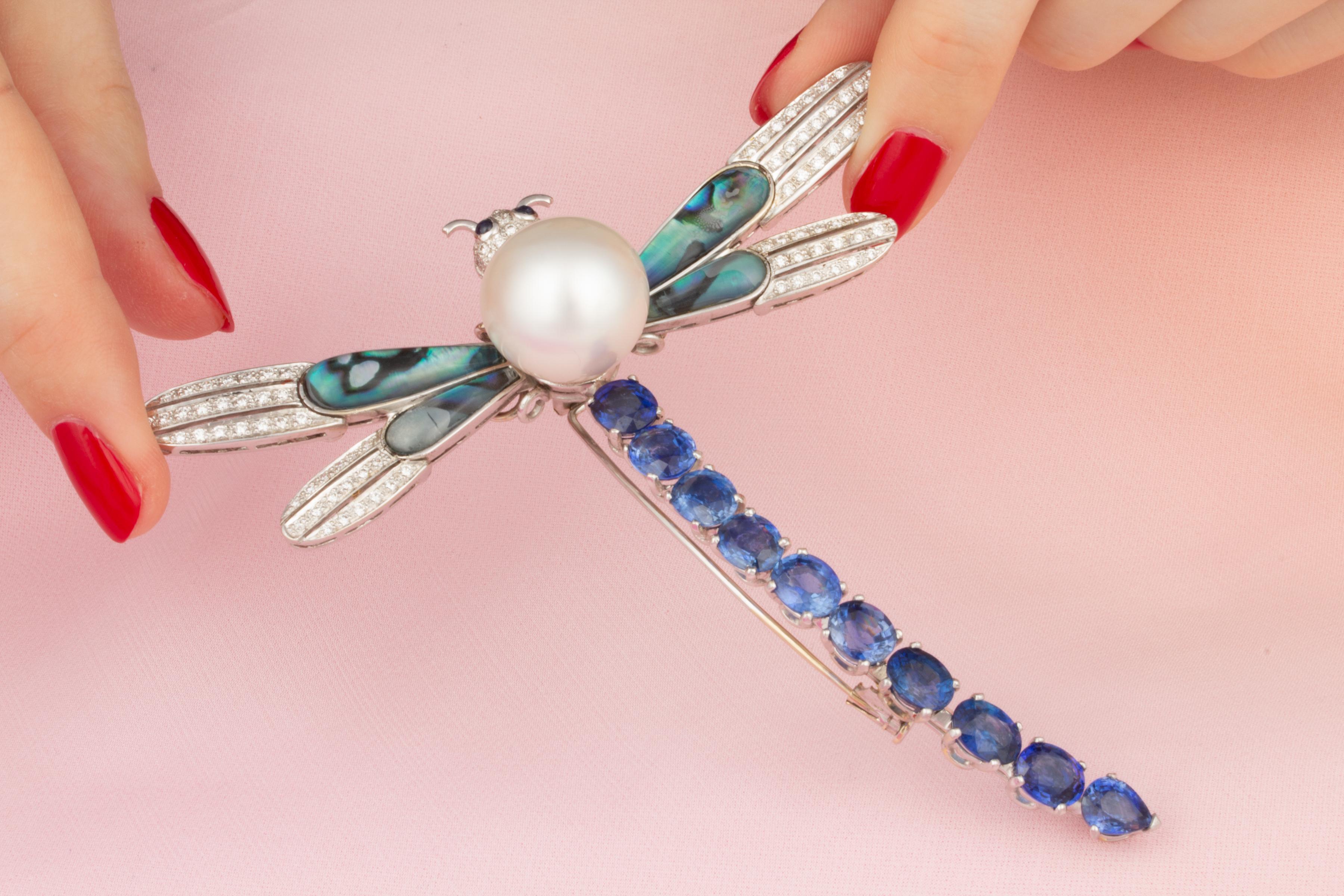 Artist Ella Gafter Dragonfly Brooch Sapphire Diamond 18mm Pearl For Sale