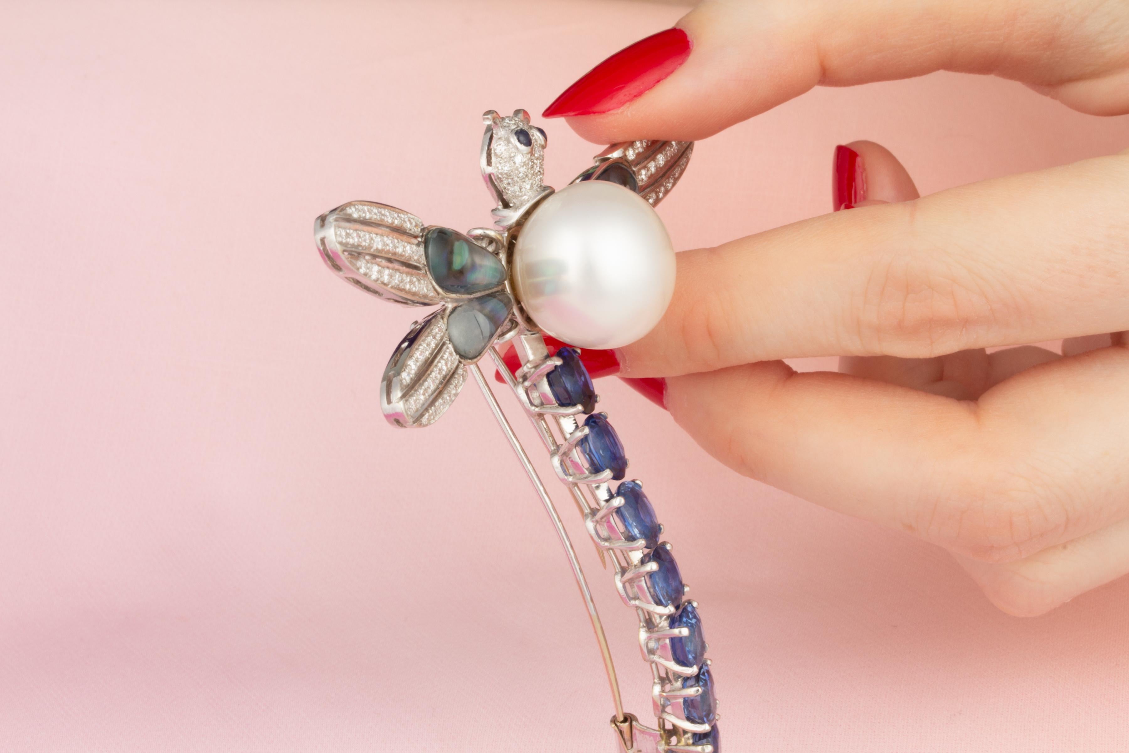 Round Cut Dragonfly Brooch Pin Blue Sapphire Pearl 18mm and Diamonds Design by Ella Gafter For Sale