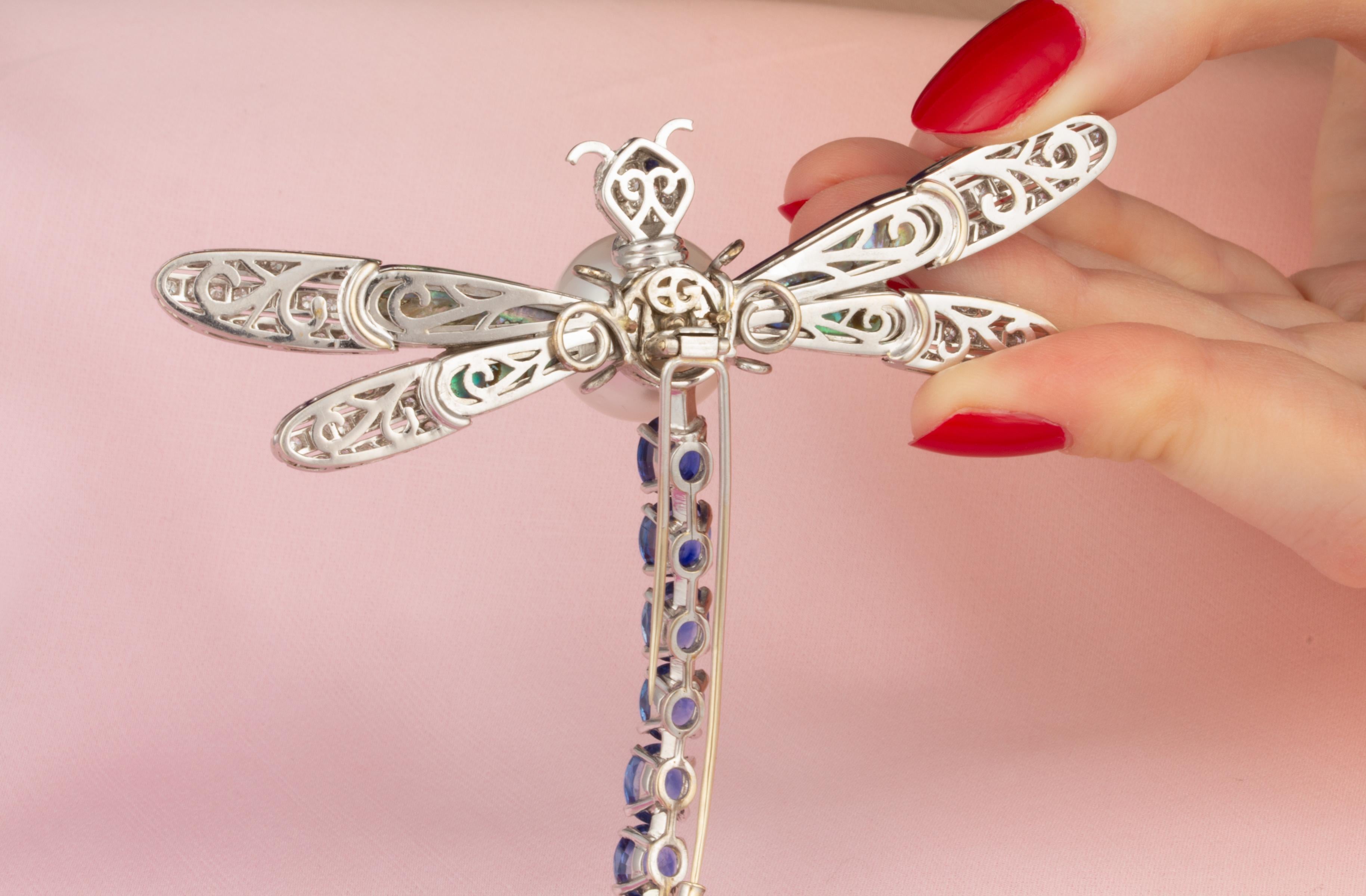 Women's Dragonfly Brooch Pin Blue Sapphire Pearl 18mm and Diamonds Design by Ella Gafter For Sale