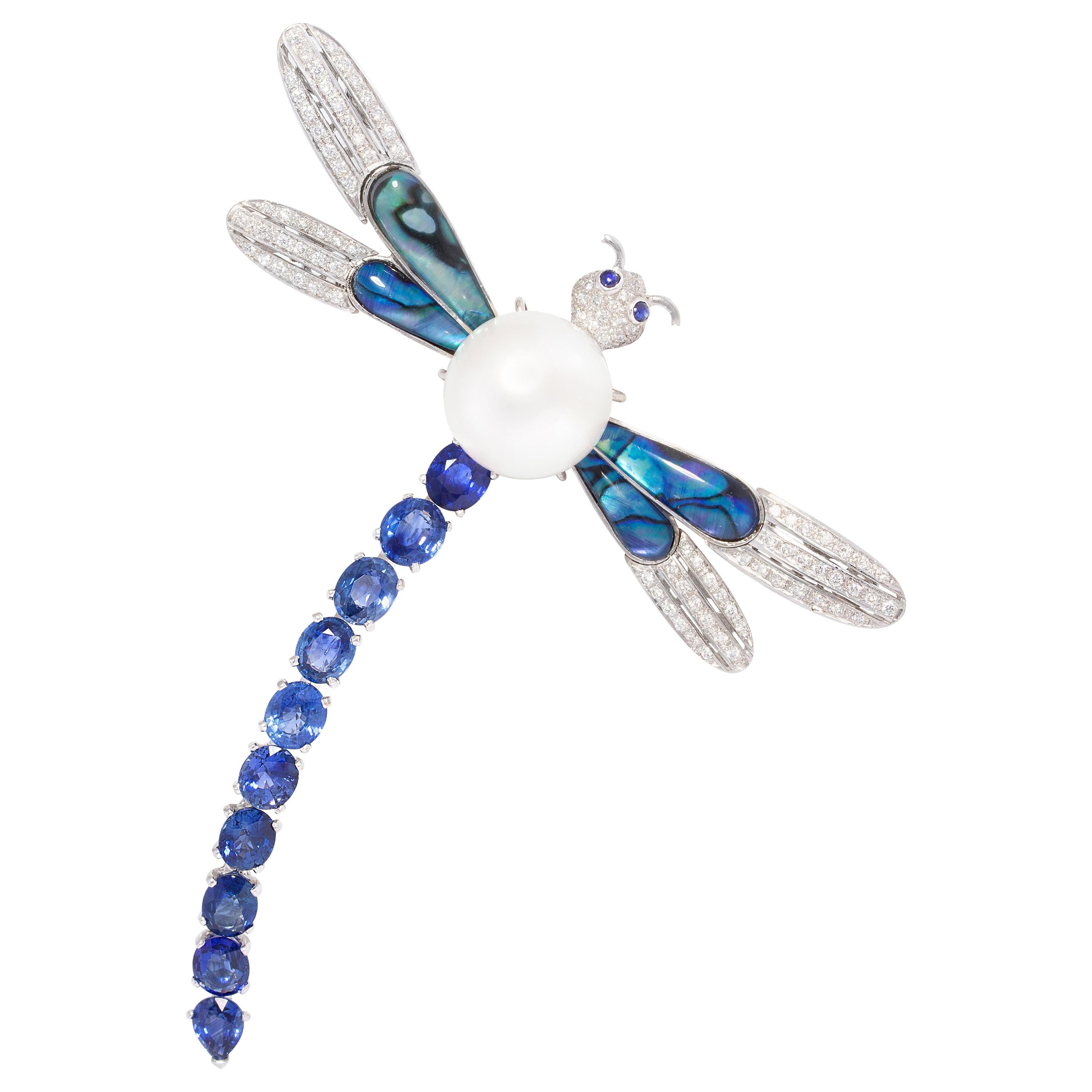 Dragonfly Brooch Pin Blue Sapphire Pearl 18mm and Diamonds Design by Ella Gafter