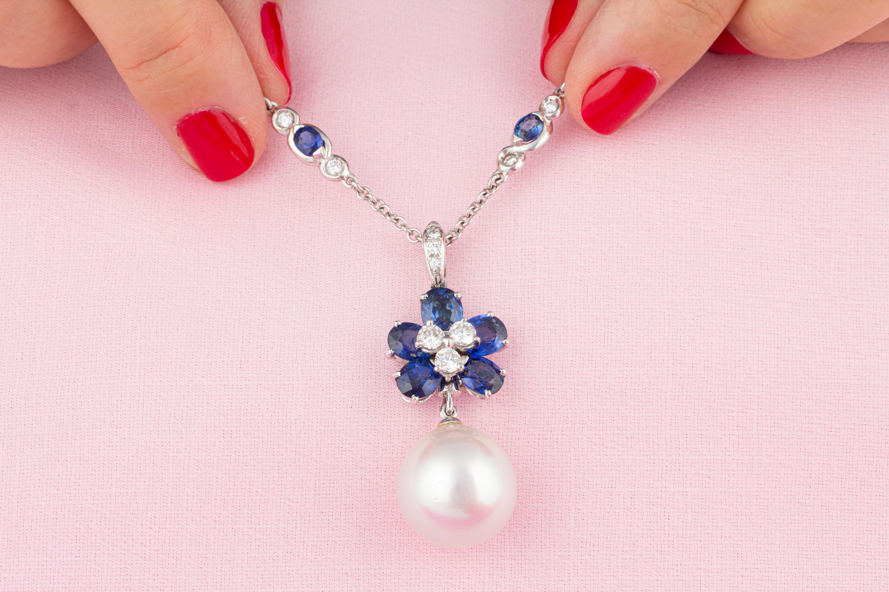 Ella Gafter Saphir-Diamant-Perlen-Halskette (Rundschliff) im Angebot