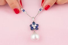 Blue Sapphire Diamond and 17mm Pearl Pendant Necklace Design by Ella Gafter