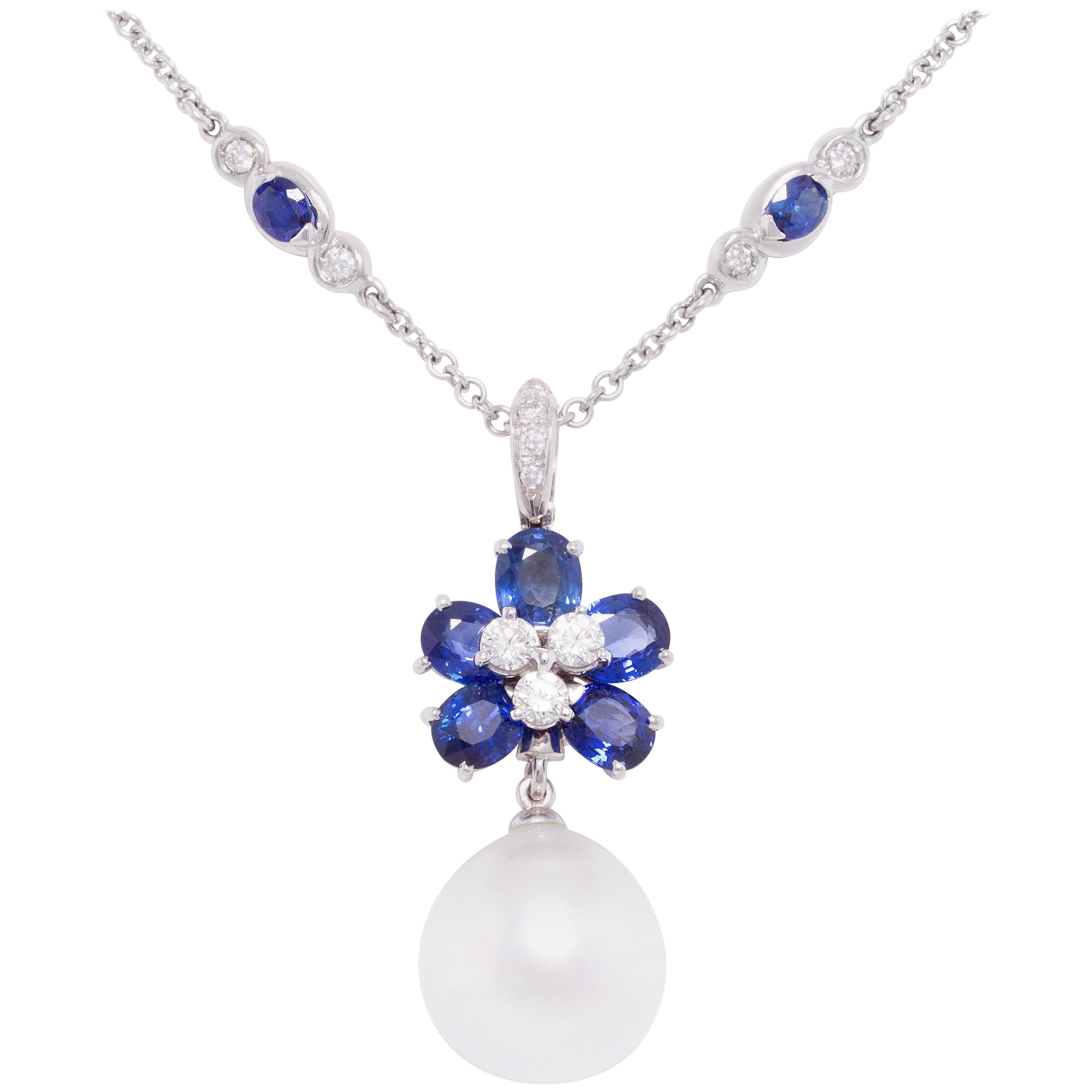 Ella Gafter Sapphire Diamond Pearl Necklace For Sale