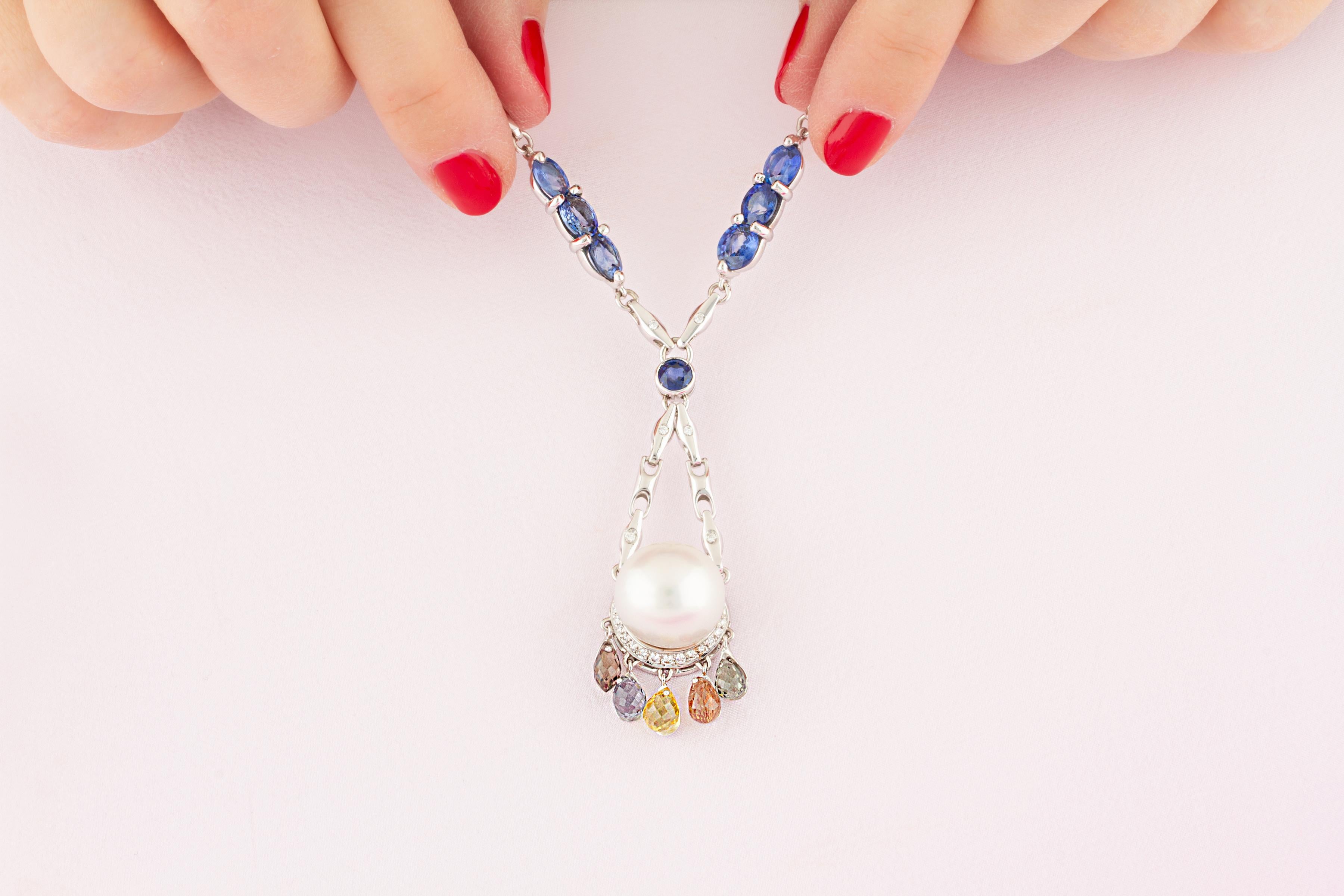 Artist Ella Gafter Sapphire Diamond Pearl Pendant Necklace For Sale