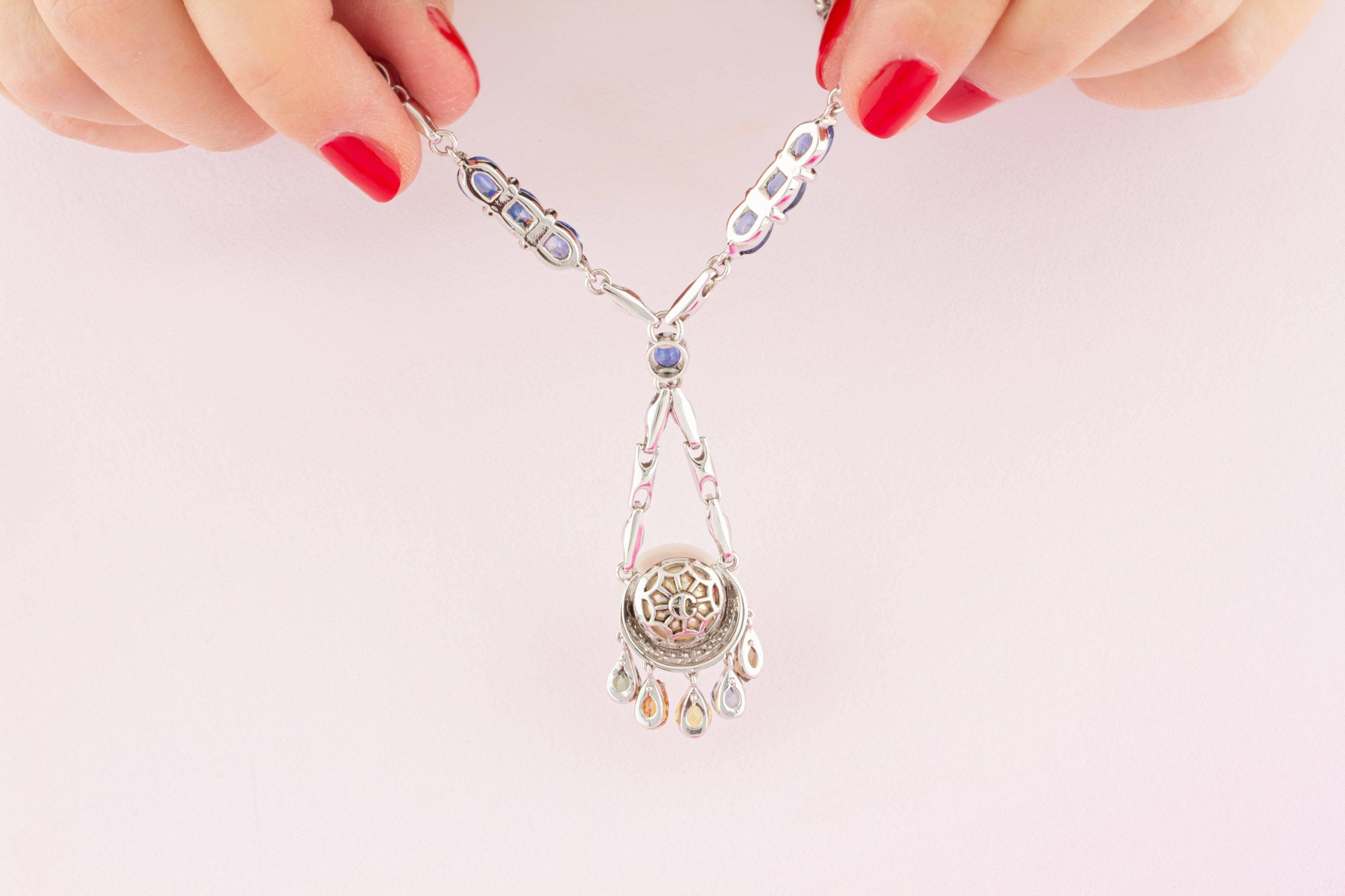 Brilliant Cut Ella Gafter Sapphire Diamond Pearl Pendant Necklace For Sale
